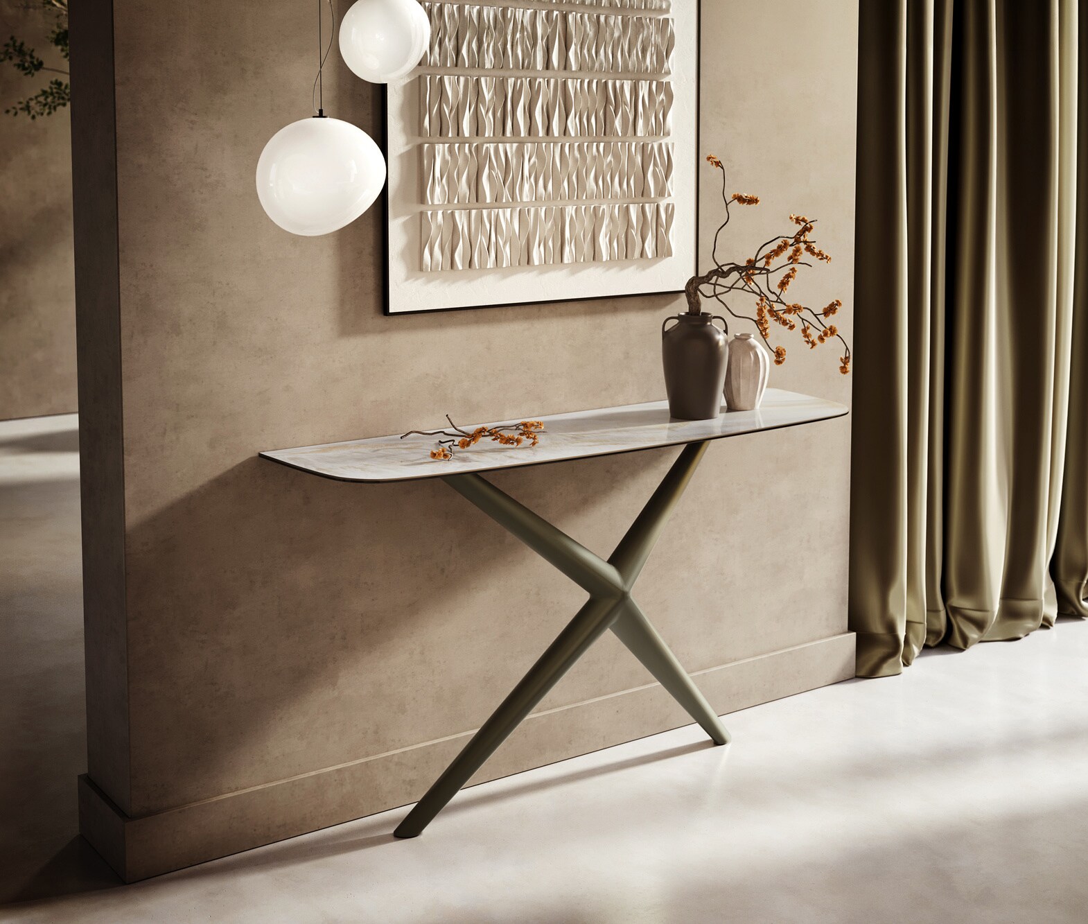 Konsola Edge w kształcie beczki 140x40 cm ceramika Onyx Pearl rama Estelo metal w kolorze tytanu 4