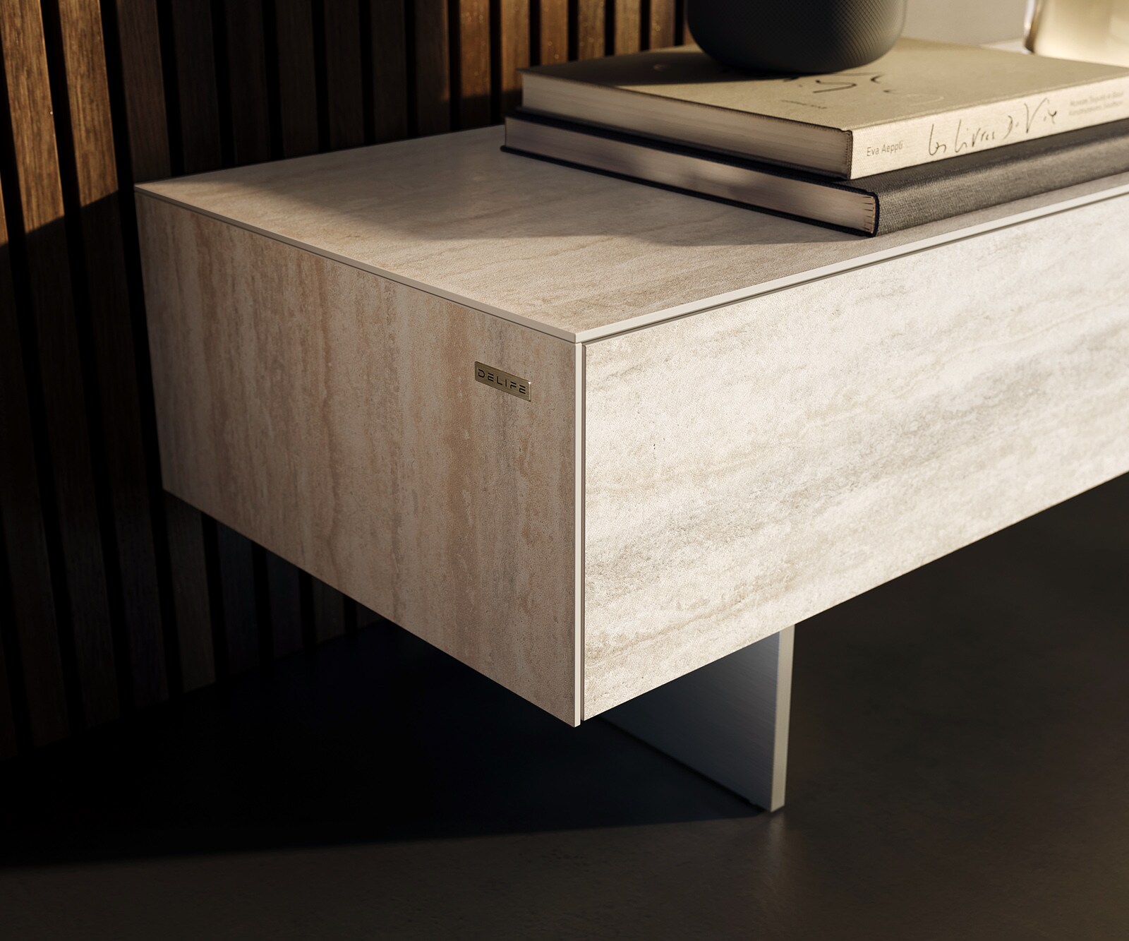 Szafka RTV Cuor 250 cm ceramika Laminam® Travertino Bianco kremowo-biała 1 klapa 1 szuflada nóżki wąskie stal nierdzewna 6