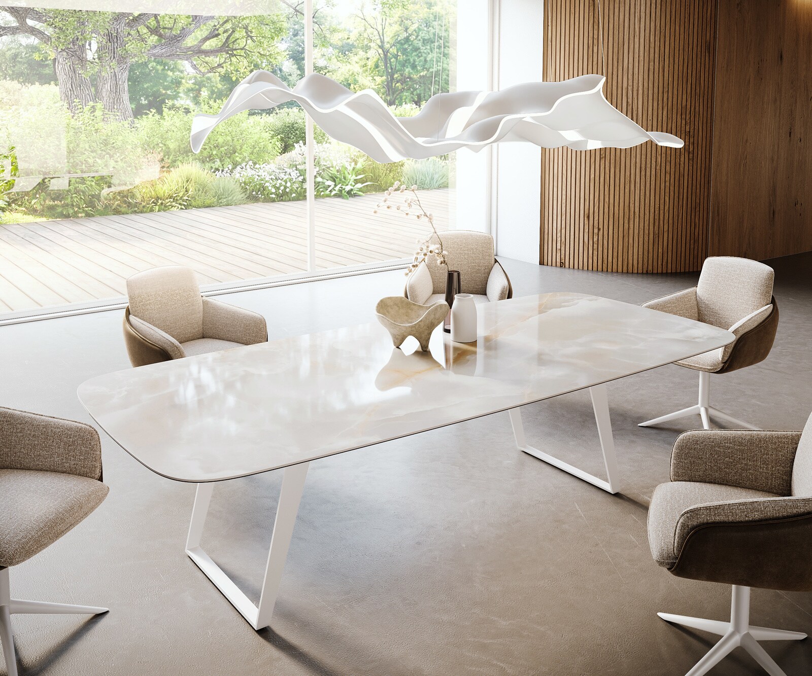 Stół do jadalni Edge w kształcie beczki 270x120 cm ceramika Iris FMG Onice Grigio rama pochylona metal biały 1