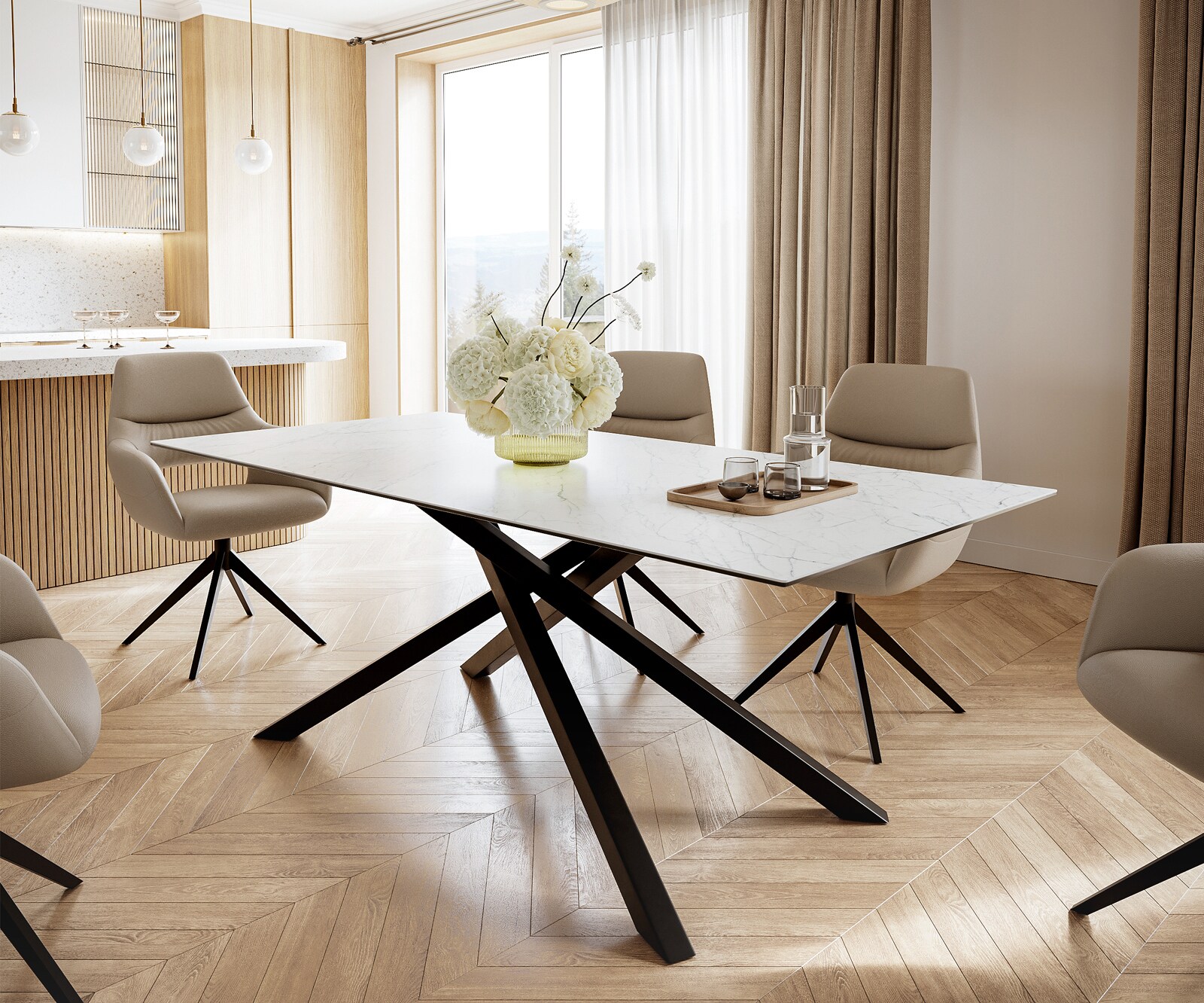 Stół do jadalni Edge 200x100 cm ceramika Laminam® Statuarietto biała rama Cross czarna