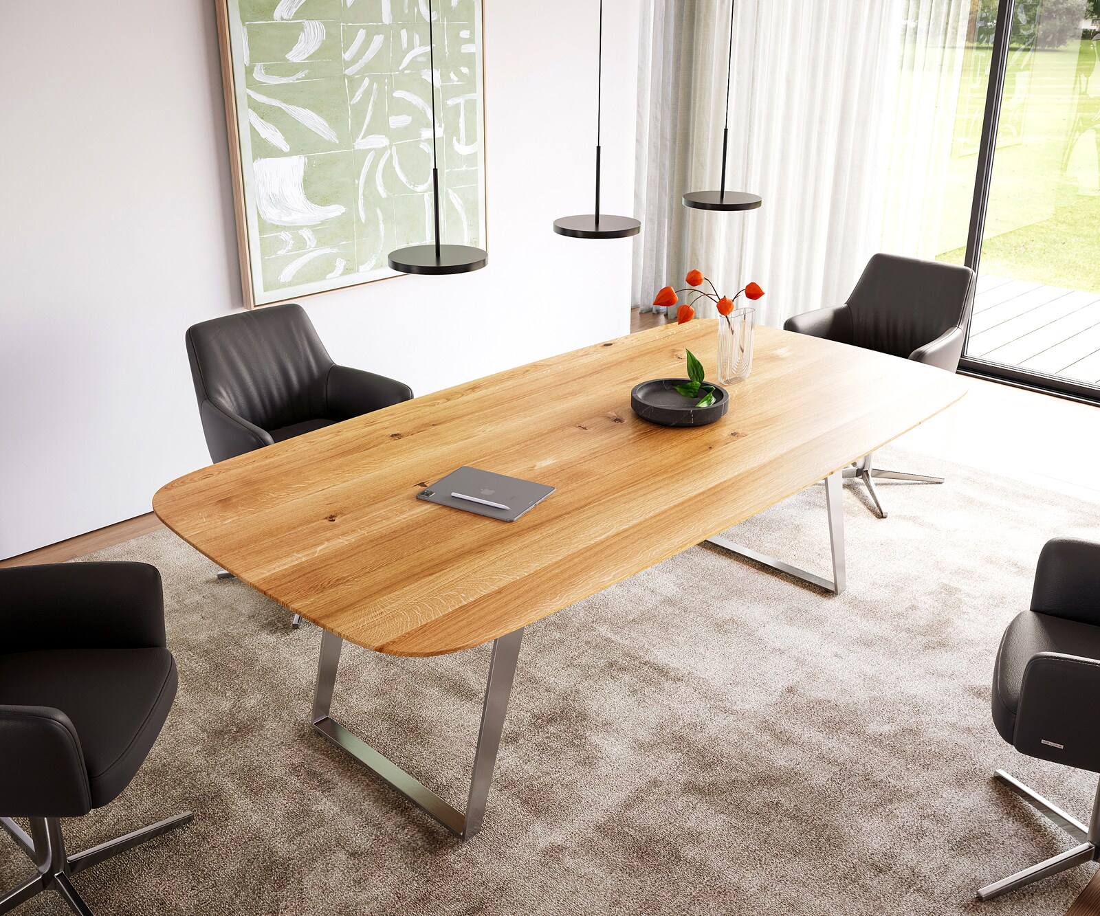 Stół do jadalni Edge kształt beczki 240x120x2,5-3cm dąb naturalny stal nierdzewna pochylona rama krawędź szwajcarska