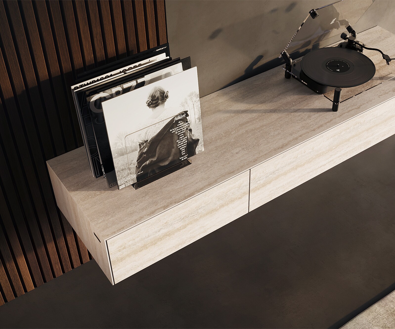 Szafka RTV Cuor 150 cm ceramika Laminam® Travertino Bianco kremowo-biała 1 klapa 1 szuflada podwieszana 3