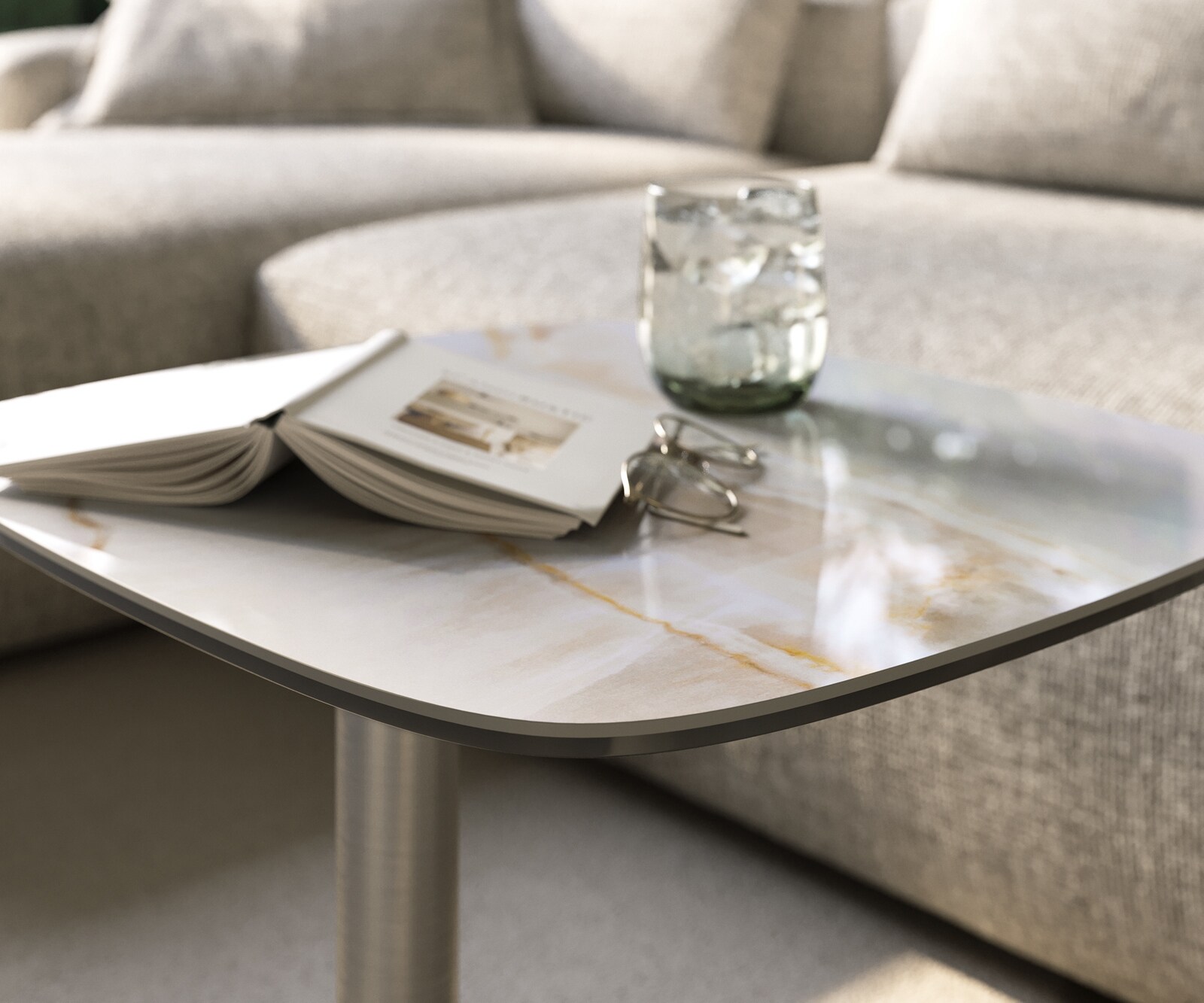 Stolik kawowy Edge w kształcie beczki 50x50 cm ceramika Onyx Pearl podstawa Eleny stal nierdzewna 6