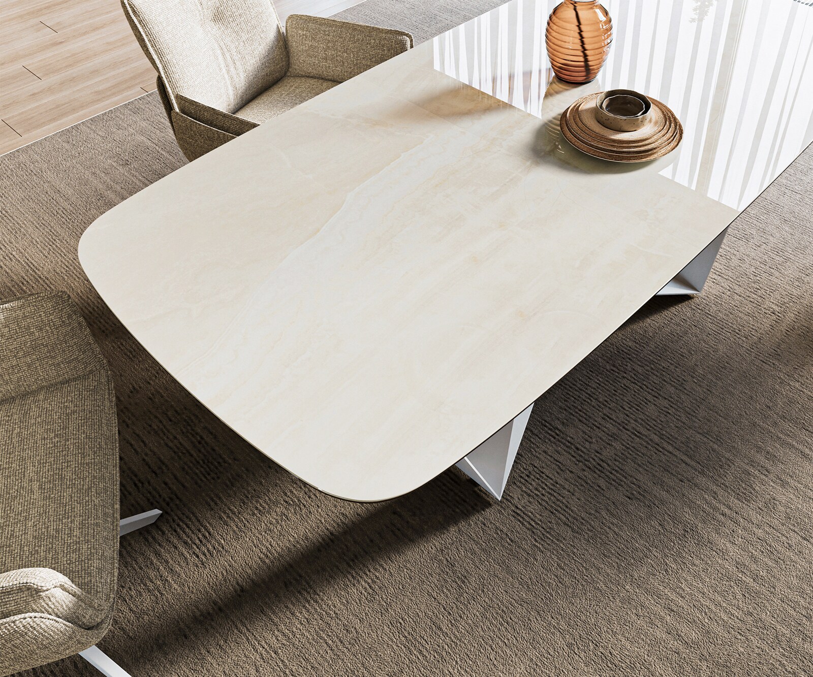 Stół do jadalni Edge w kształcie beczki 200x100 cm ceramika Onyx Champagne rama Spider metal biały 3