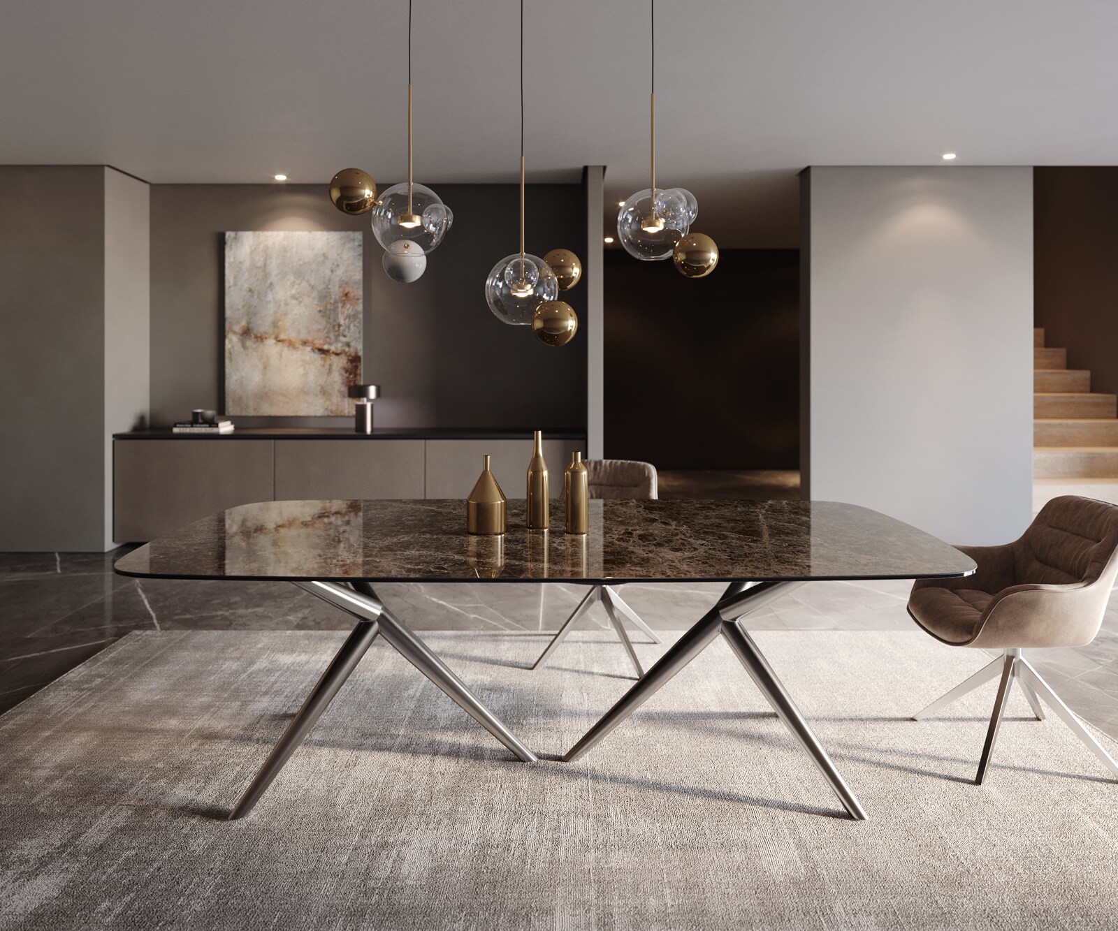 Stół do jadalni Edge kształt beczki 240x120cm ceramika Emperador Extra Lucidato ciemnobrązowy rama Estelar stal nierdzewna 2