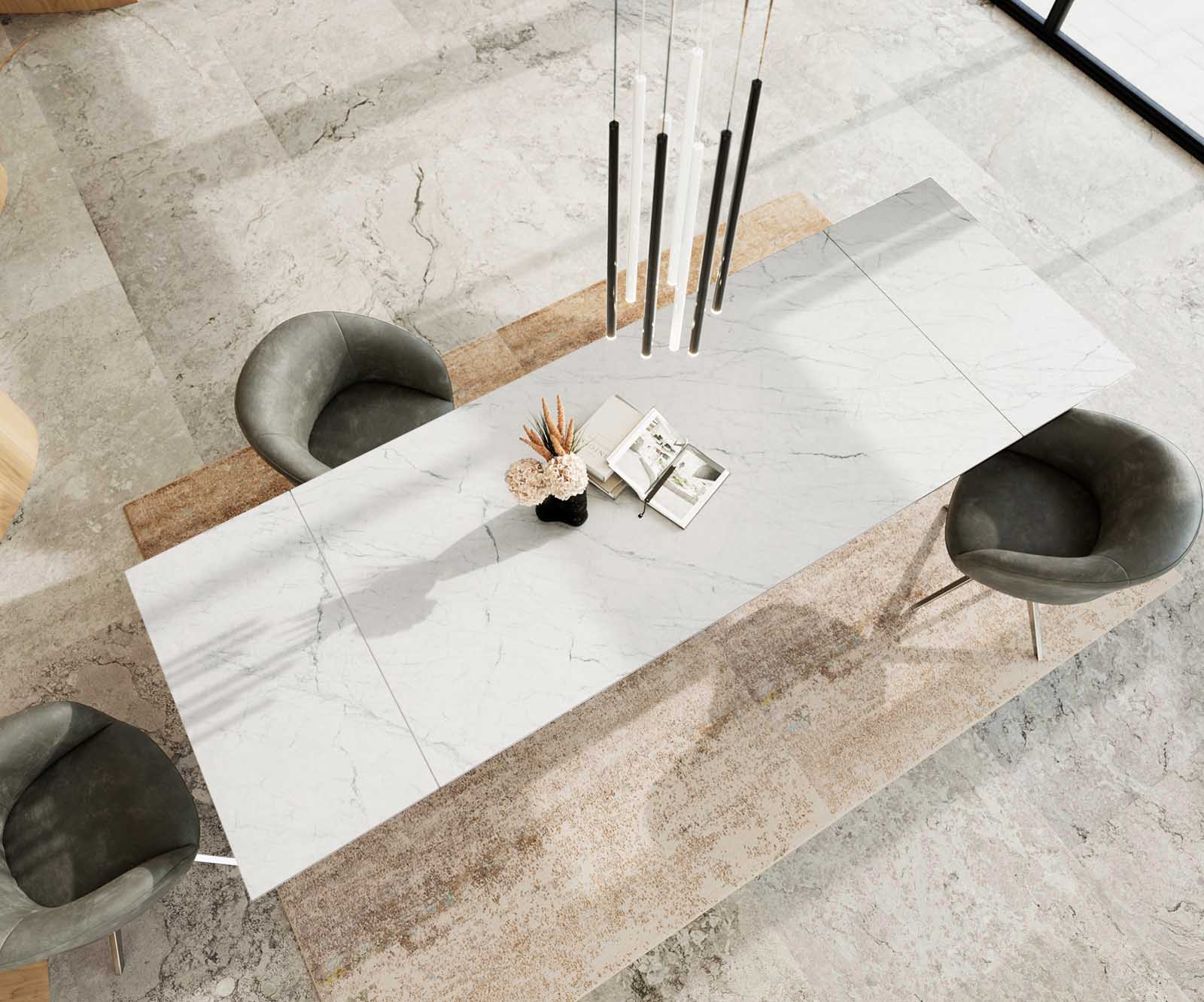 Stół do jadalni Edge 200-300x100 cm ceramika Laminam® Statuarietto biały rama Cross stal nierdzewna rozkładany 3