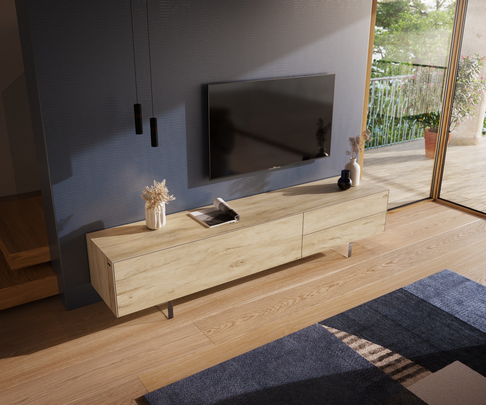 Szafka RTV Cuor 220 cm ceramika Laminam® Sabbia (kolor dębu) 1 klapa 2 szuflady nóżki akrylowe 3