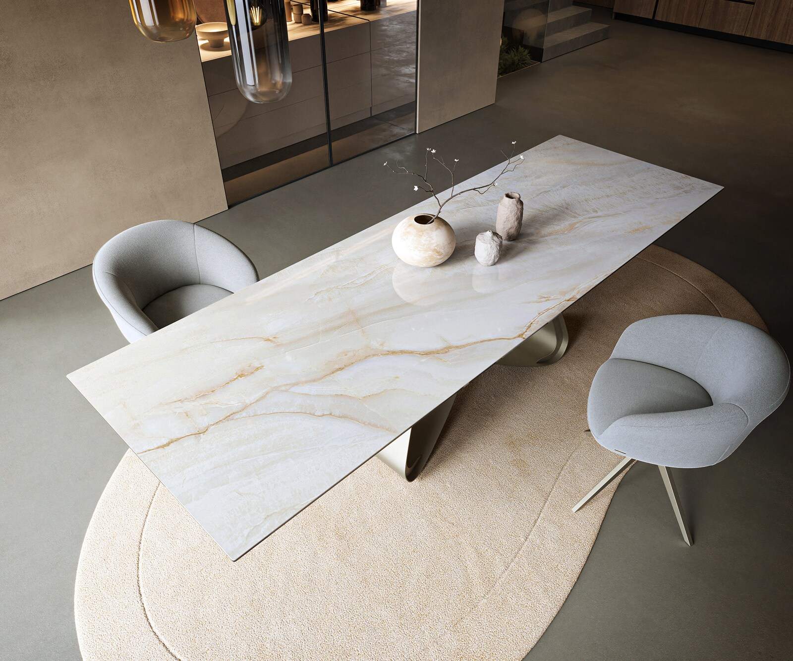 Stół do jadalni Edge 300x100cm ceramika Onyx Pearl rama W metal kolor tytanowy 3