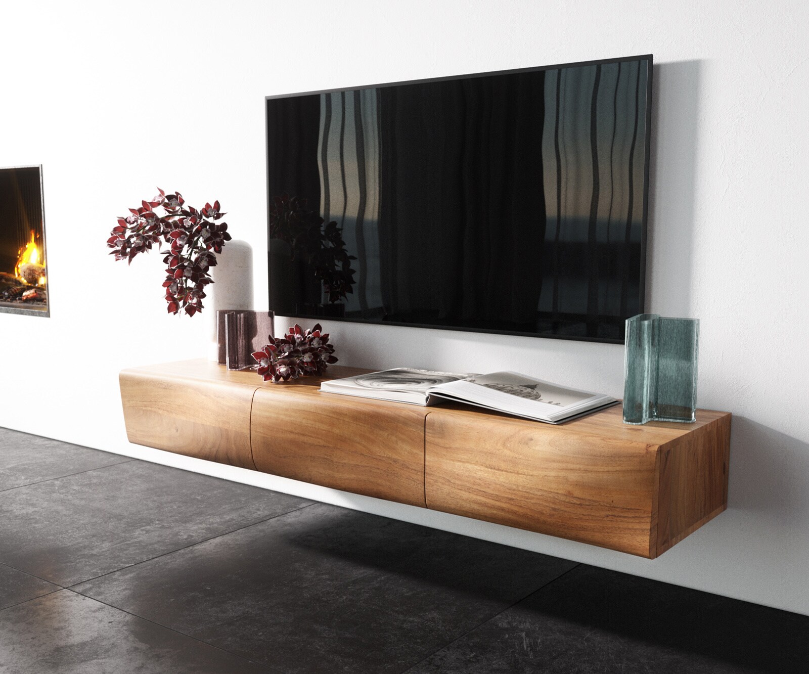 Szafka RTV New Live-Edge 145 cm akacja naturalna 3 drzwi podwieszana