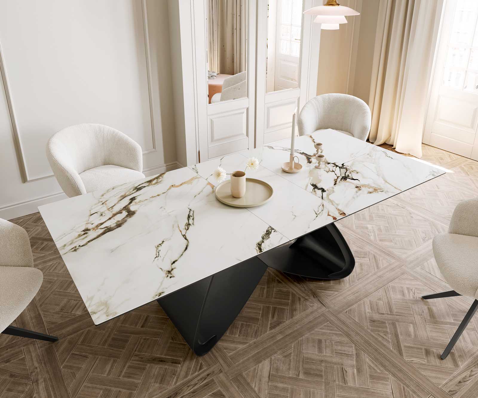 Stół do jadalni Edge 180-220x100 cm ceramika Calacatta Luxe biało-złoto-szary rama W czarna rozkładany 5
