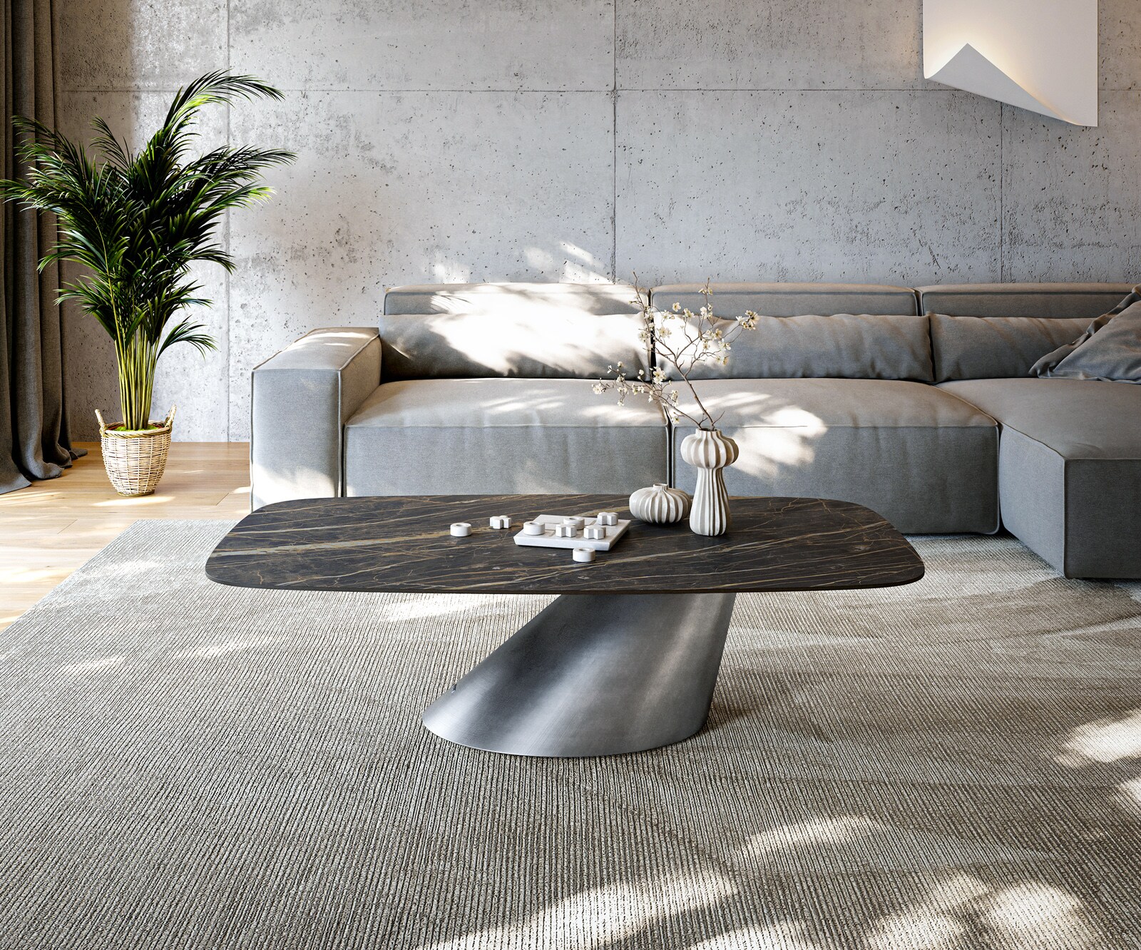 Stolik kawowy Edge w kształcie beczki 140x80 cm ceramika Laminam® Noir Desir brązowy Conis srebrny metaliczny 1
