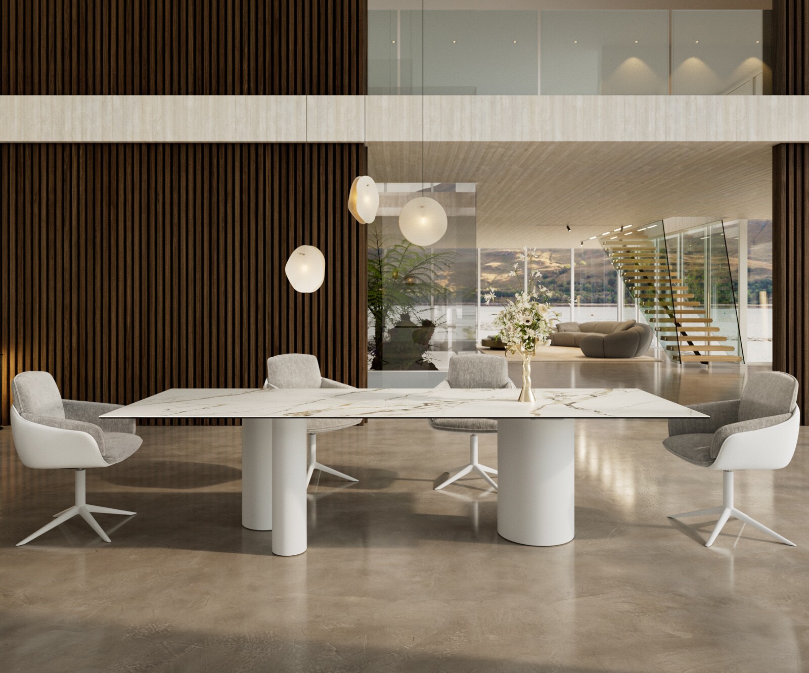 Stół do jadalni Edge 300x100cm ceramika Calacatta Luxe biało-złoto-szary rama Troa metal biały