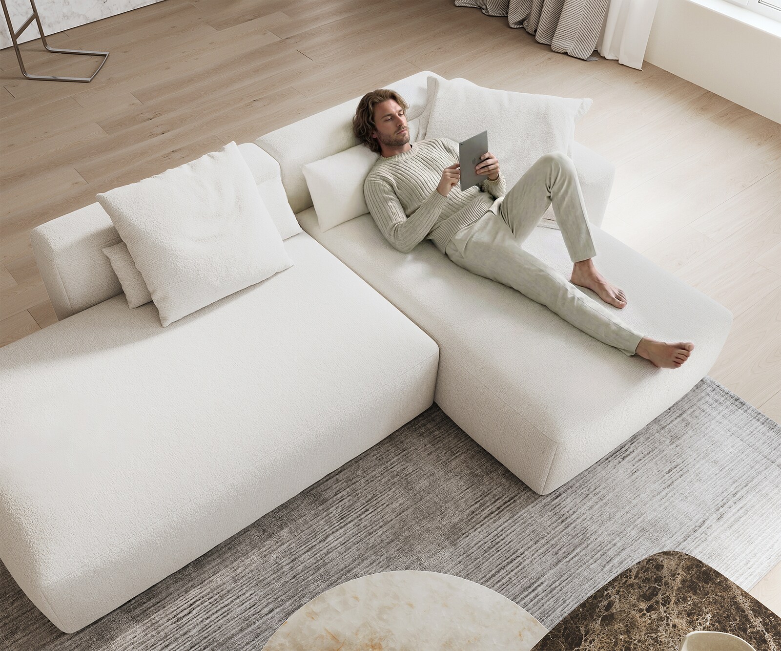 Sofa narożna Freestyle 310x200 cm miękka tkanina bouclé beżowa szew płaski 3
