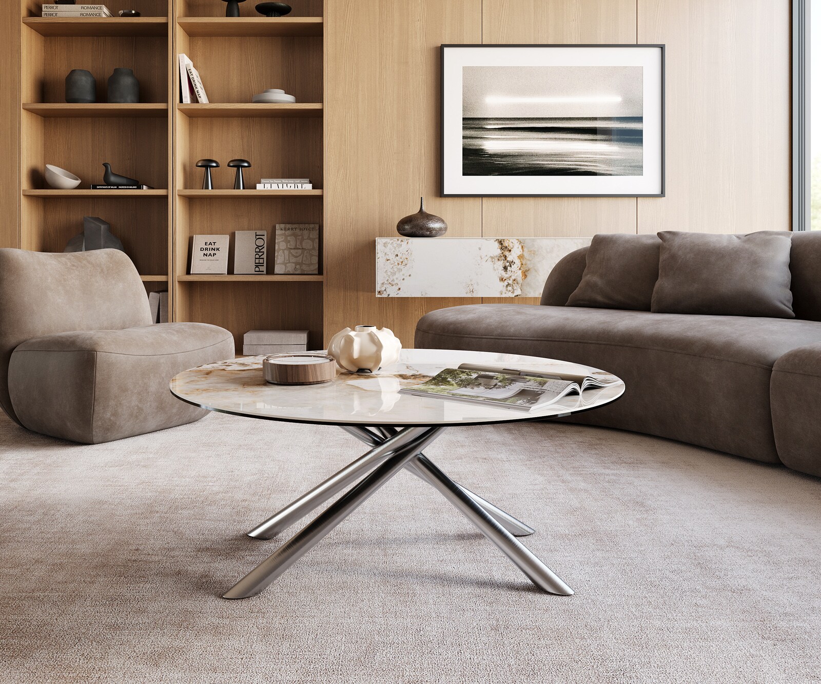 Stolik kawowy Edge okrągły 100x100 cm ceramika Minas Melange Sarity stal nierdzewna gebürstet 2
