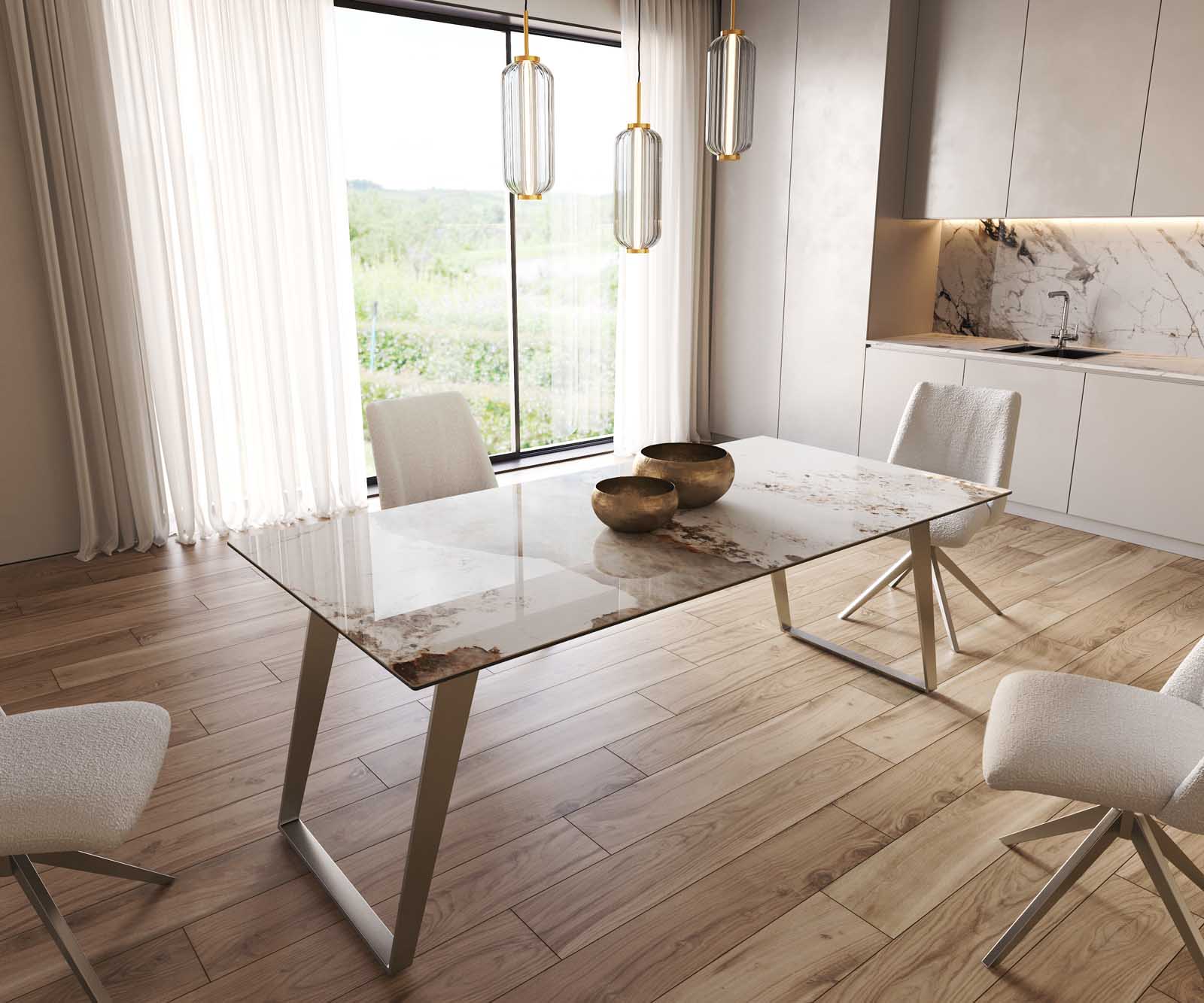 Stół do jadalni Edge 200x100 cm ceramika Minas Melange biało-beżowy stal nierdzewna pochylona rama