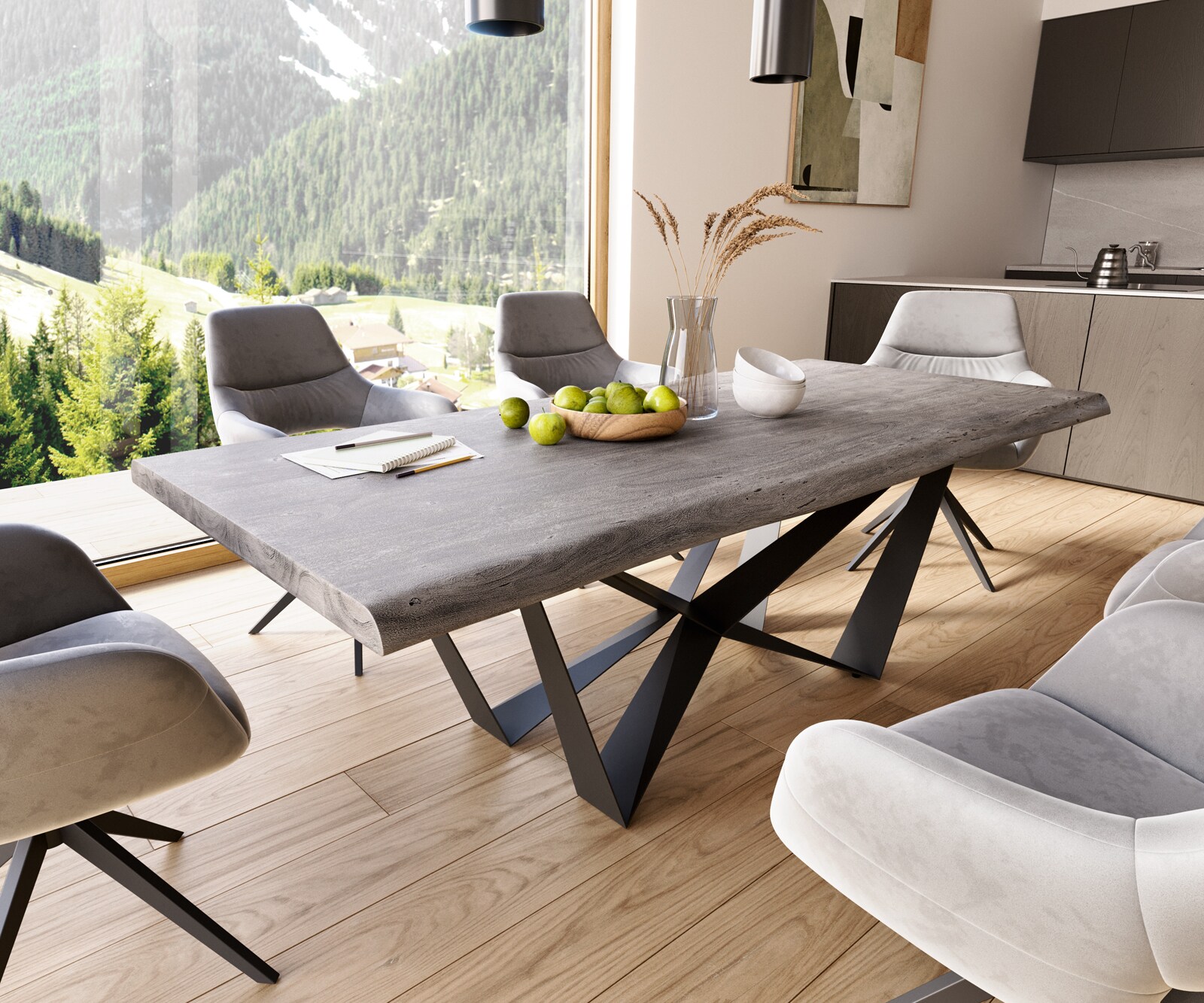 Stół do jadalni Edge 220x100 cm XL akacja platynowa rama Spider metal czarna live-edge 1