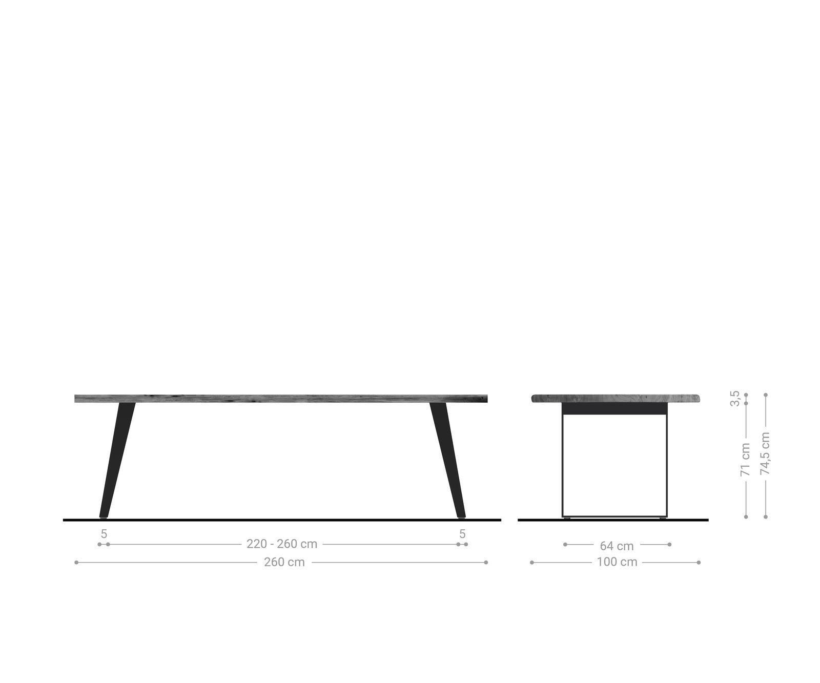 Stół do jadalni Edge 260x100 cm akacja platynowa stal nierdzewna srebrna pochylona rama live-edge 5