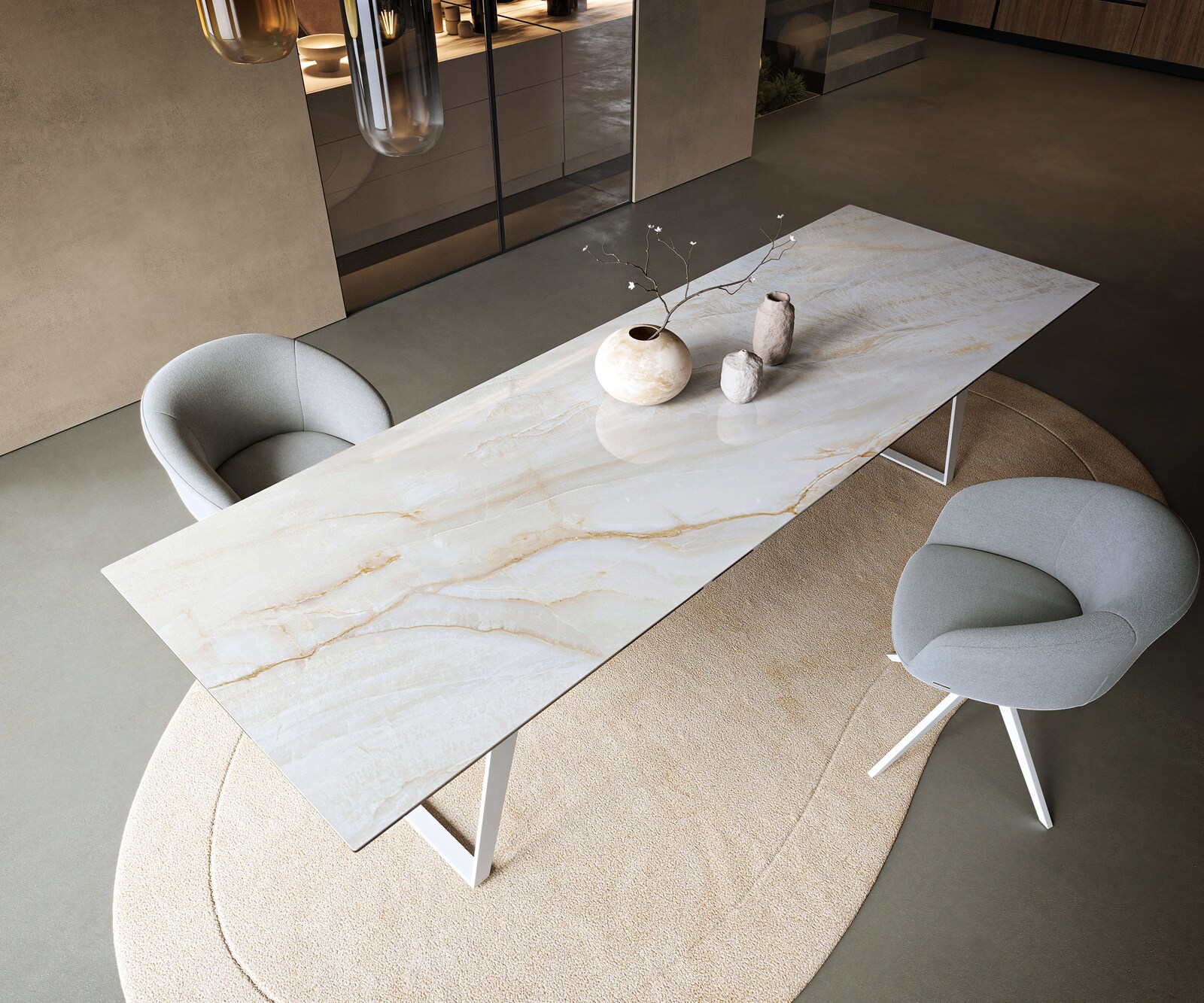 Stół do jadalni Edge 300x100cm ceramika Onyx Pearl metal pochylona rama biała 3