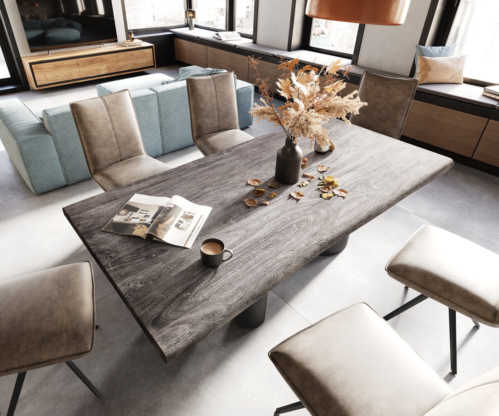 Stół do jadalni Edge 200x100 cm XL akacja platynowa rama rama Troa metal czarna live-edge 3