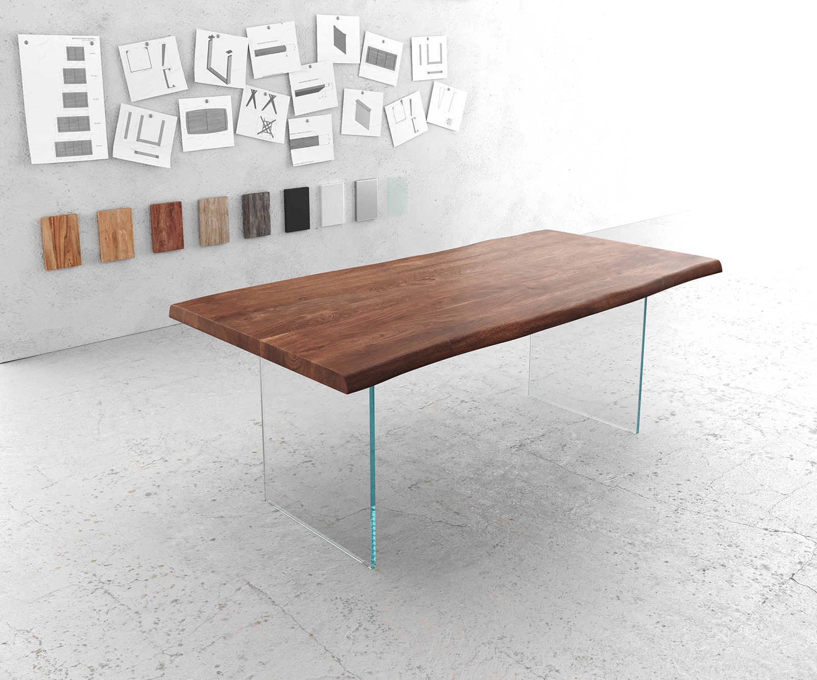 Stół do jadalni Edge 200x100 cm XL akacja brązowa szklane nogi live-edge
