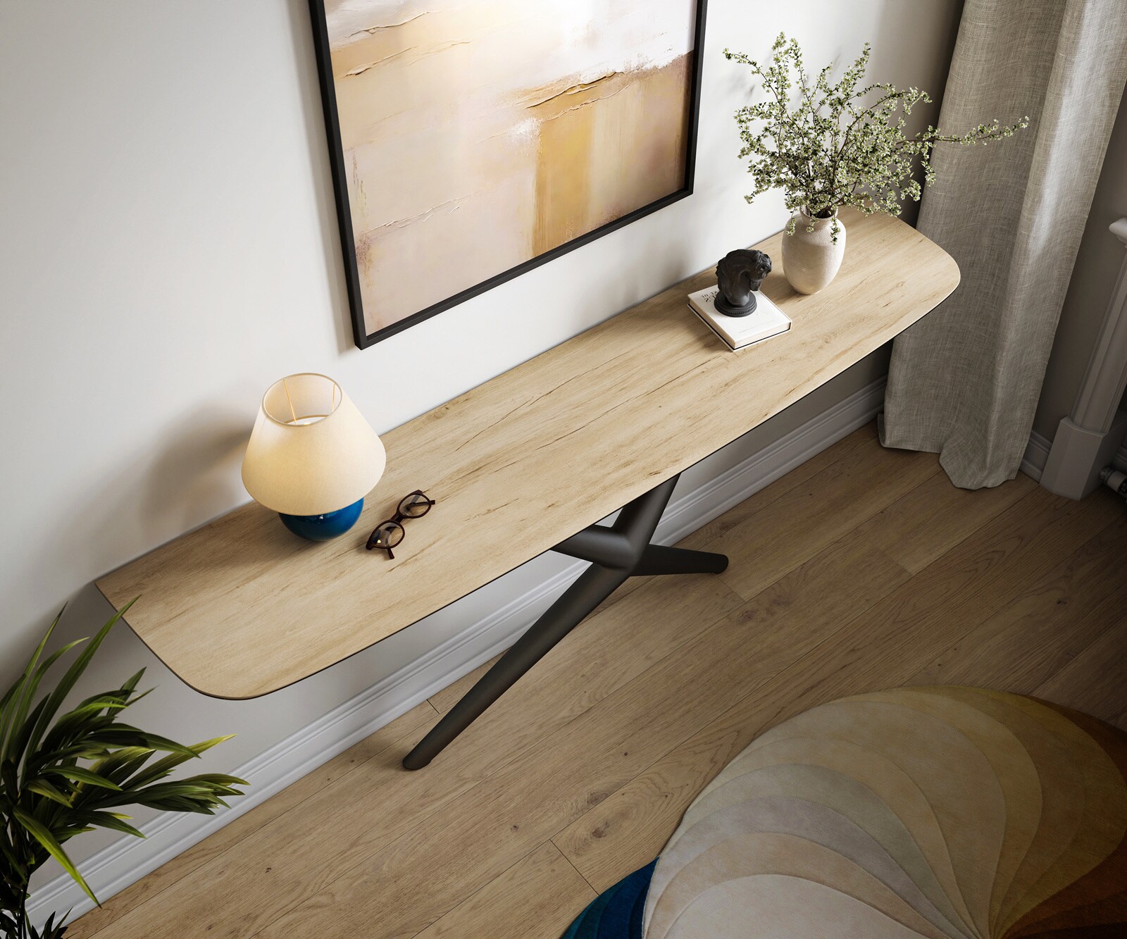 Konsola Edge w kształcie beczki 180x40 cm ceramika Laminam® Sabbia w kolorze dębu rama Estelo metal czarny 2