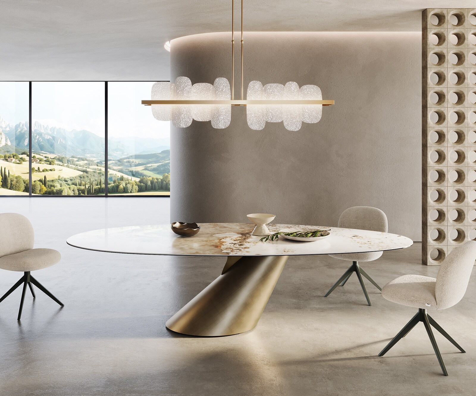 Stół do jadalni Edge owalny 280x130cm ceramika Minas Melange biało-beżowy rama Cono metaliczny złoty 1
