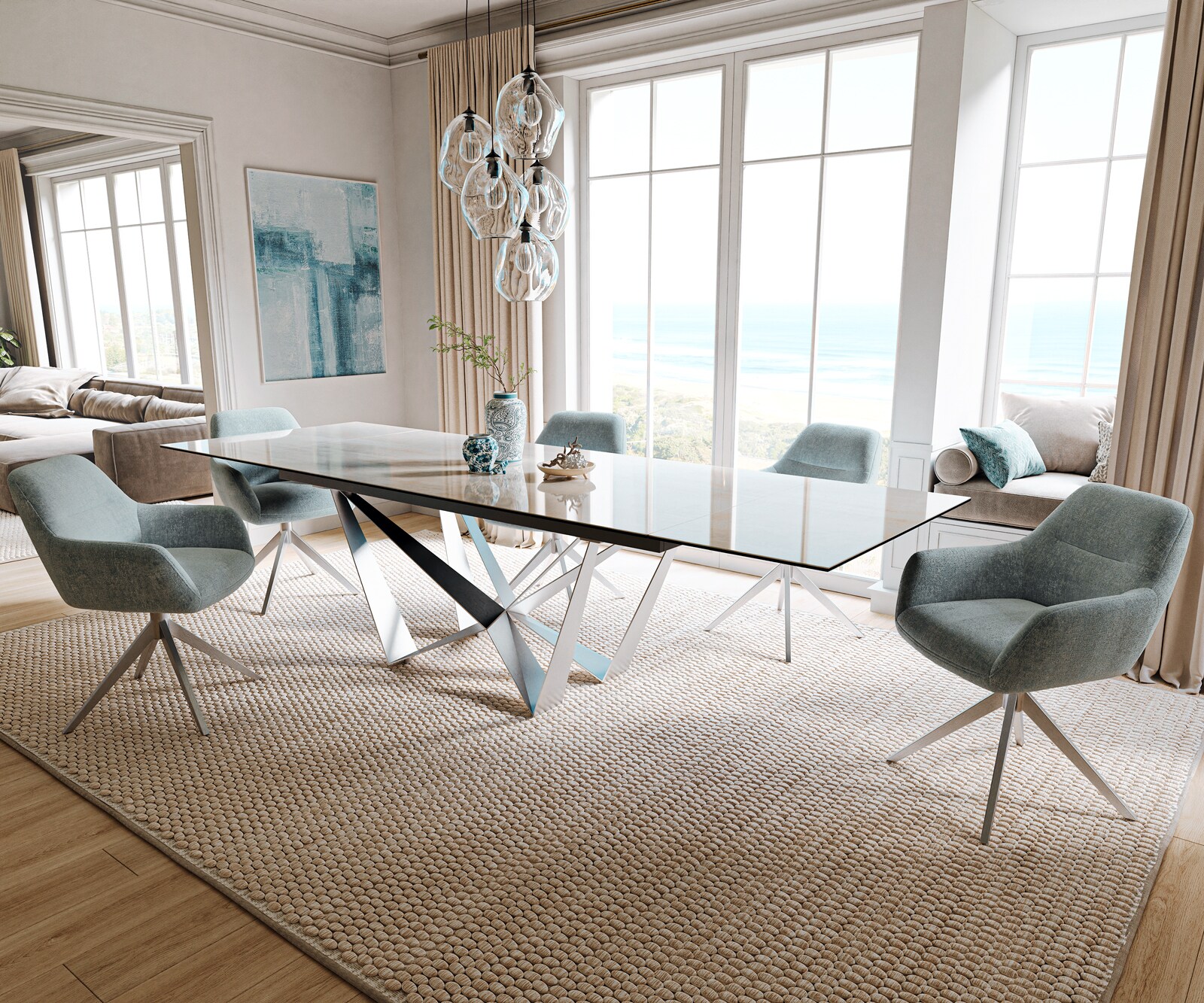 Stół do jadalni Edge 200-300x100cm ceramika Onyx Champagne rama Spider stal nierdzewna rozkładany 6