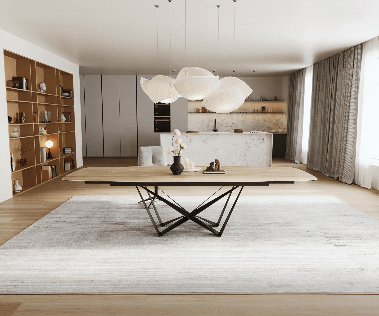 Stół do jadalni Edge w kształcie beczki 200-300x120 cm ceramika Laminam® Sabbia w kolorze dębu rama Spider metal czarny rozkładany 1