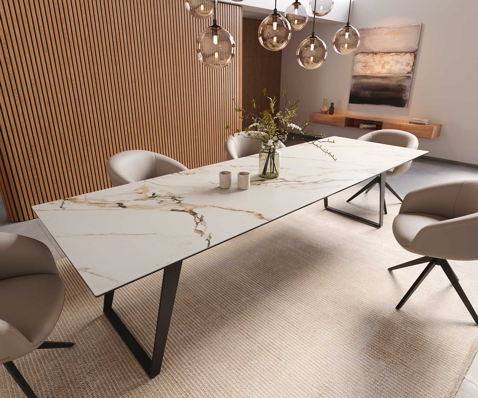 Stół do jadalni Edge 300x100cm ceramika Calacatta Luxe biało-złoto-szary metal pochylona rama czarna