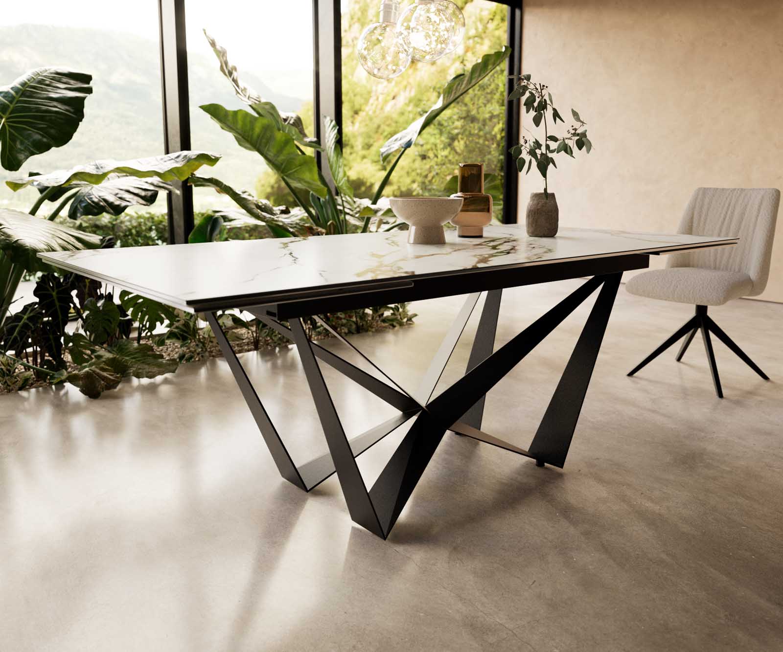 Stół do jadalni Edge 200-300x100 cm ceramika Calacatta Luxe biało-złoto-szary rama Spider metal czarna rozkładany 6