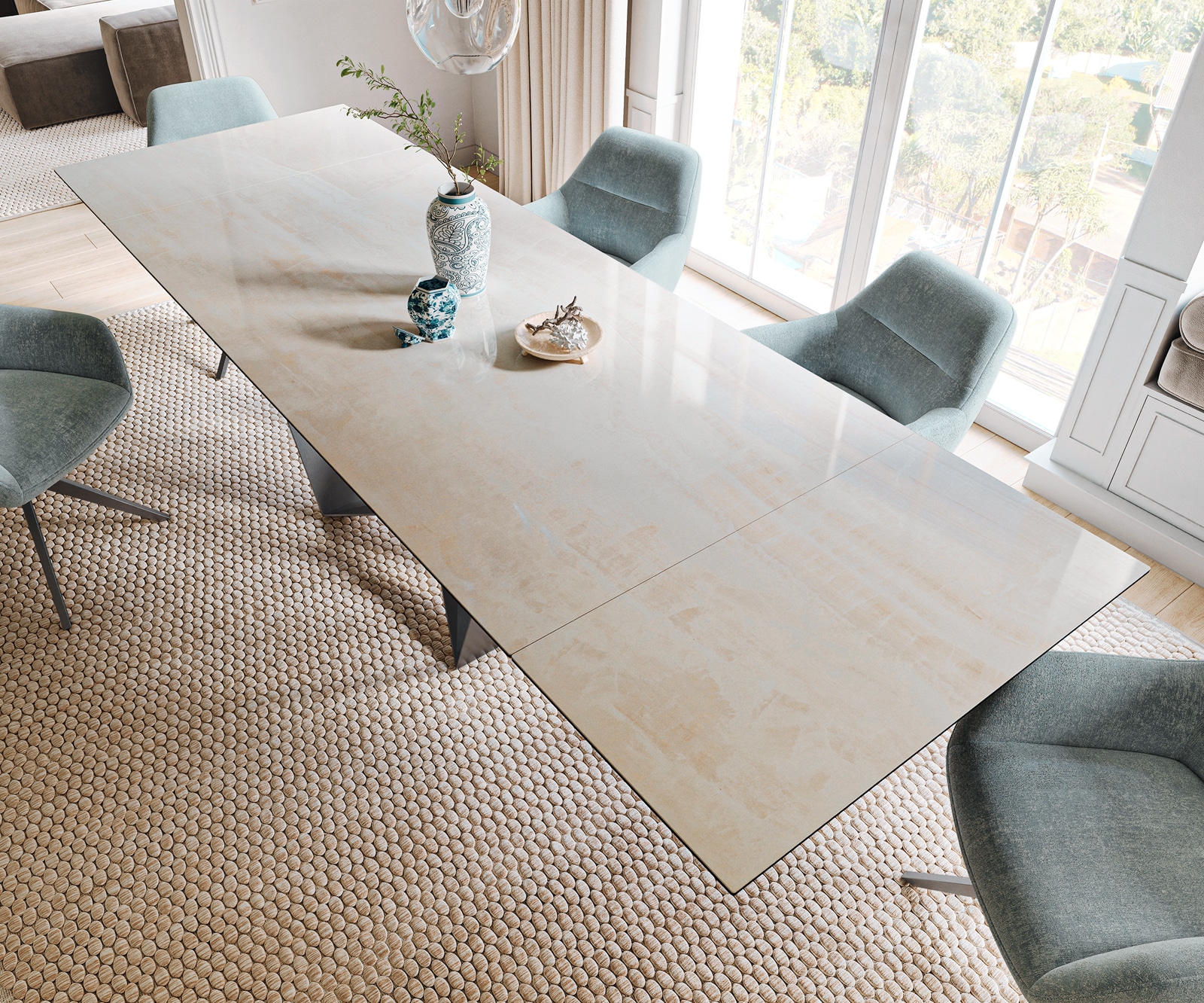 Stół do jadalni Edge 200-300x100cm ceramika Onyx Champagne rama Spider stal nierdzewna kolor grafitowy rozkładany 3