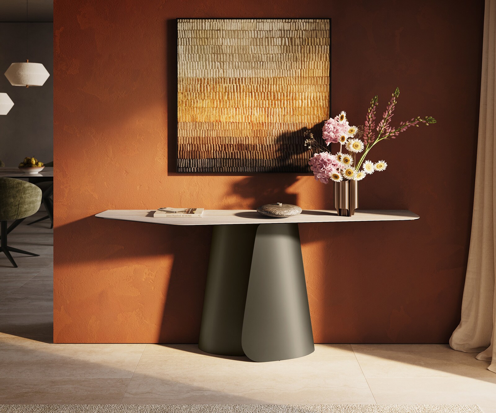 Konsola Edge wielokątna 180x50 cm ceramika Laminam® Travertino Bianco kremowo-biały podstawa Livos metal w kolorze tytanu 2