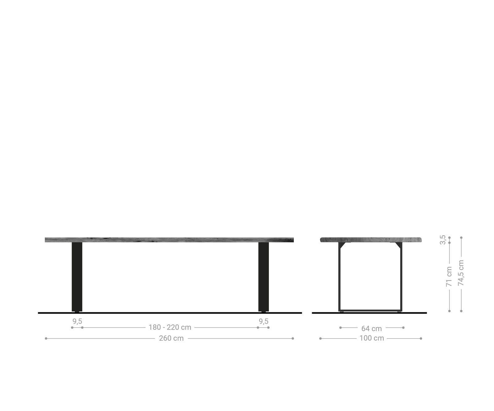 Stół do jadalni Edge 260x100 cm akacja platynowa stal nierdzewna wąska rama live-edge 7