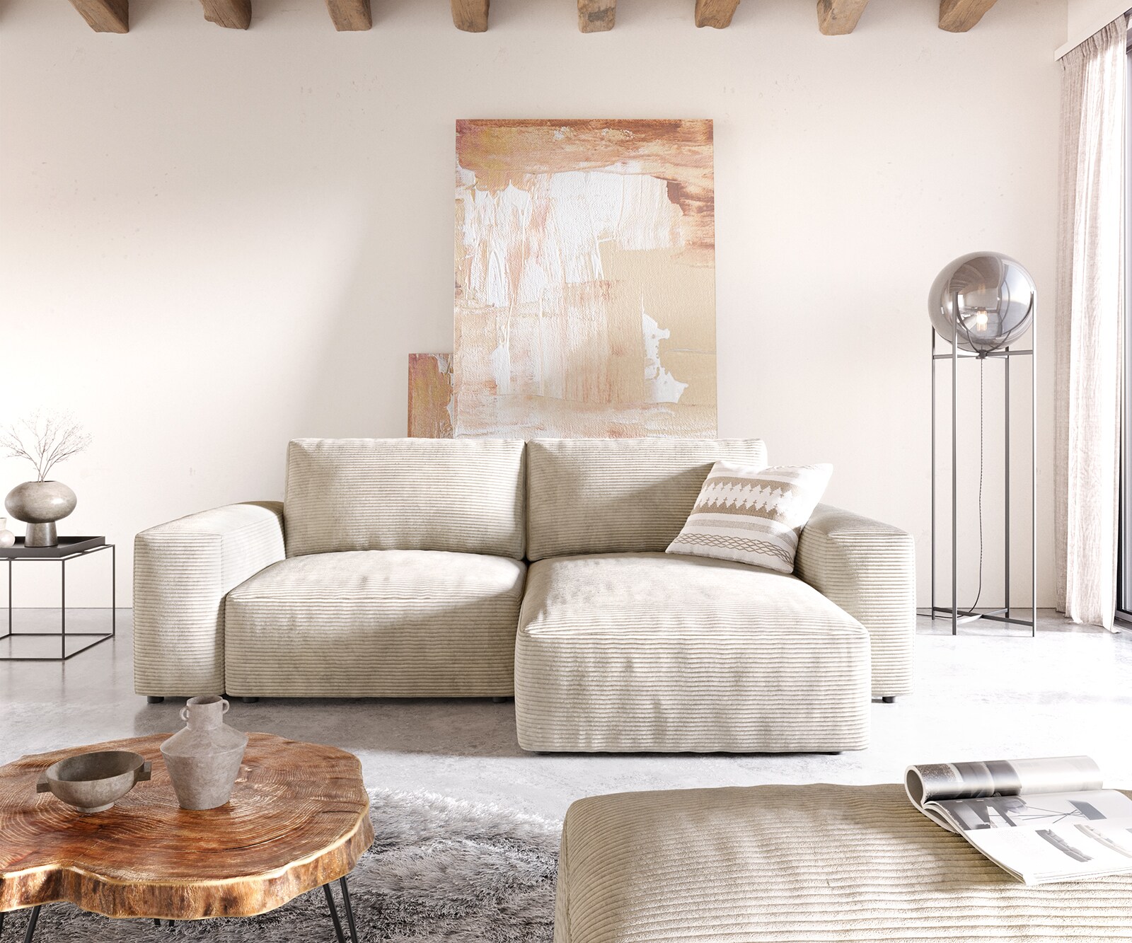 Sofa narożna Lanzo 230x155 cm sztruks beżowy szezlong z możliwością zmiennego montażu z pufem 1