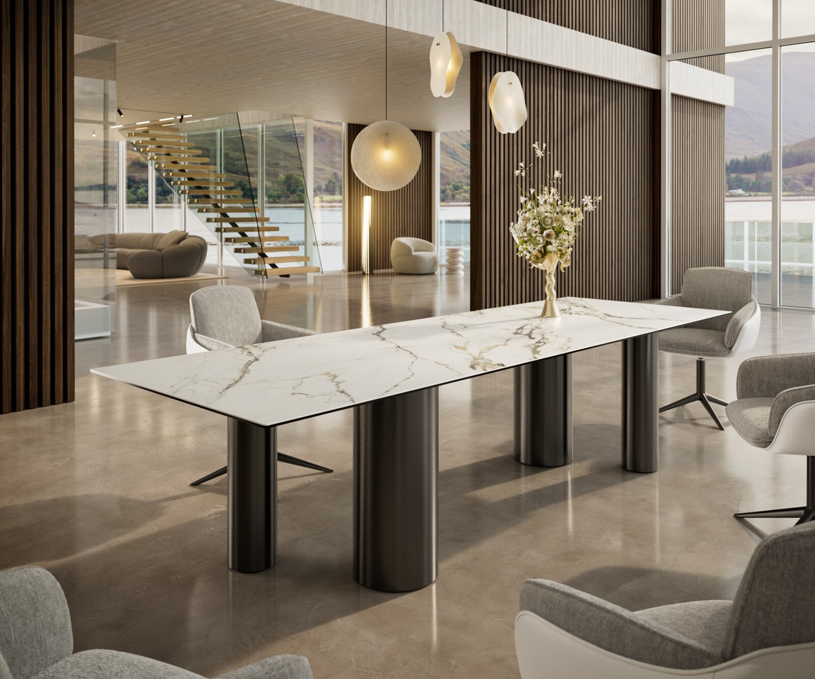 Stół do jadalni Edge 300x100cm ceramika Calacatta Luxe biało-złoto-szary rama Pilier stal nierdzewna grafit 1