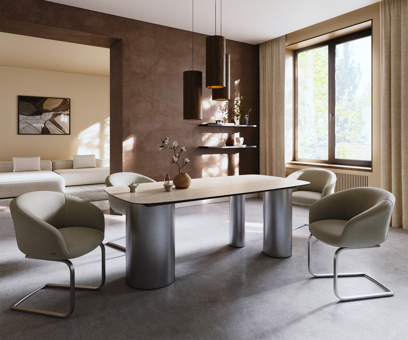Stół do jadalni Edge w kształcie beczki 200x100cm ceramika Laminam® Travertino Bianco kremowo-biały rama Troa stal nierdzewna szczotkowana 6