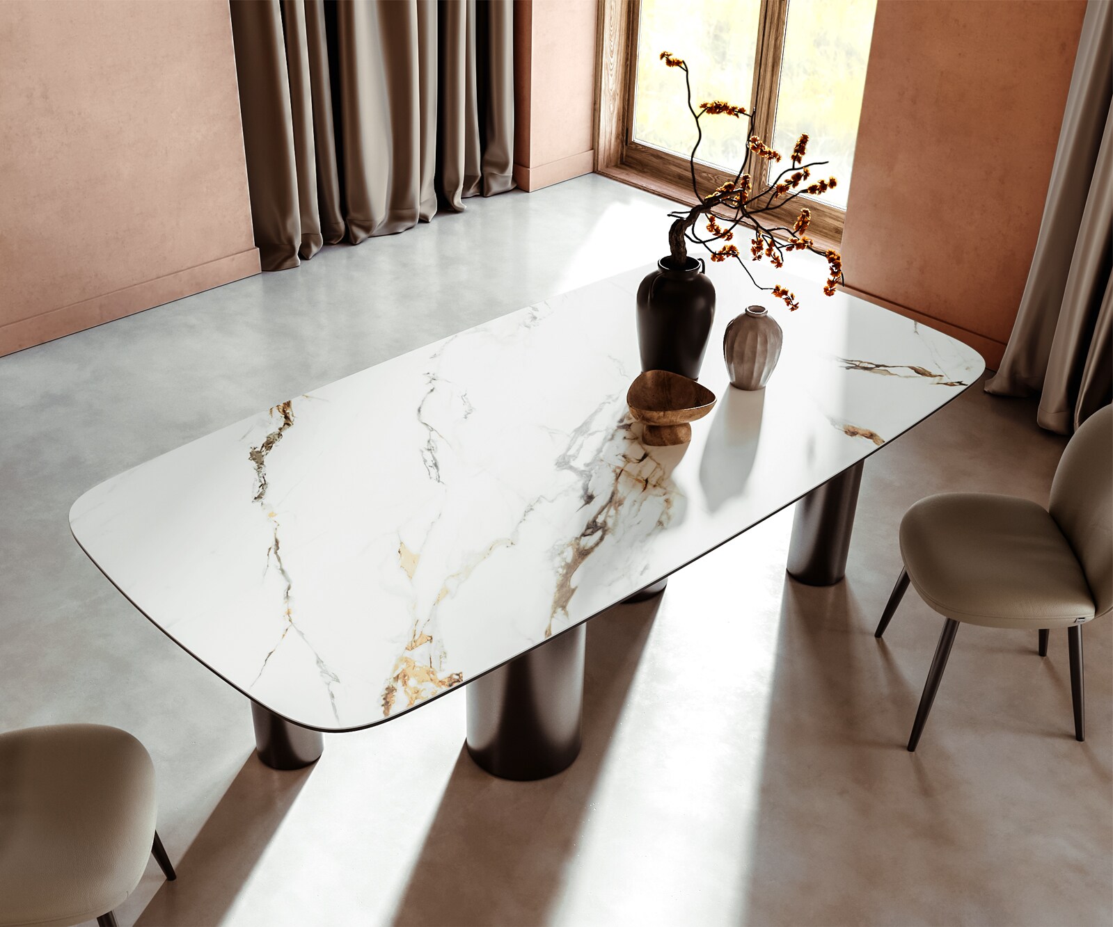 Stół do jadalni Edge kształt beczki 240x120cm ceramika Calacatta Luxe biało-złoto-szary rama Pilier stal nierdzewna grafit 3