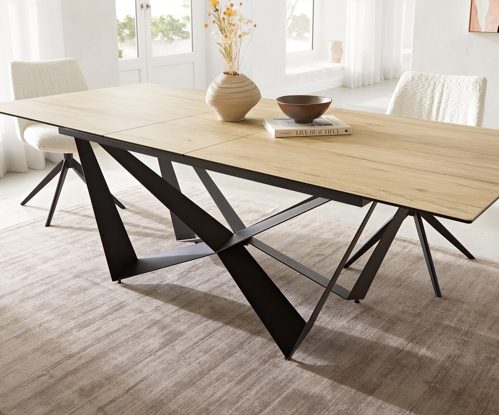Stół do jadalni Edge 180-220x100 cm ceramika Laminam® Sabbia kolor dębu rama Spider metal czarna rozkładany 7