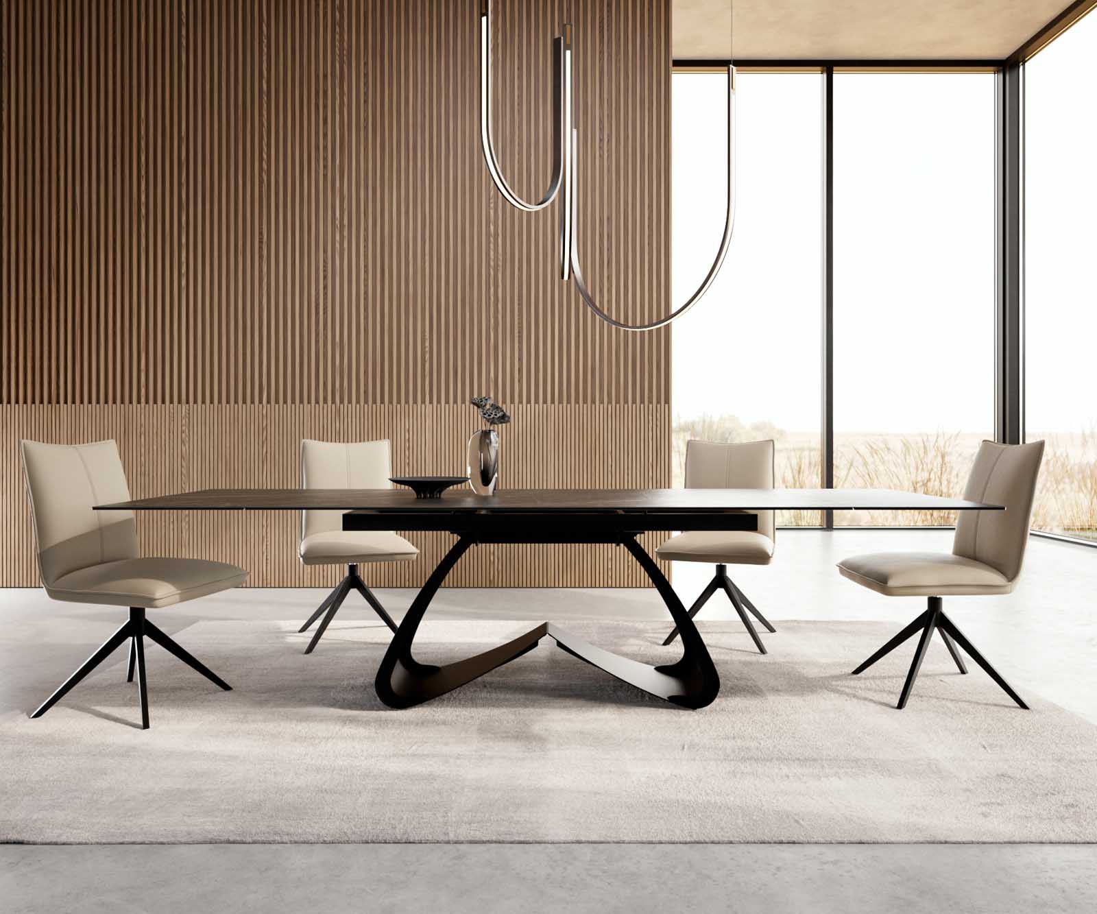 Stół do jadalni Edge 200-300x100 cm ceramika Laminam® Noir Desir brązowy rama W czarna rozkładany 2