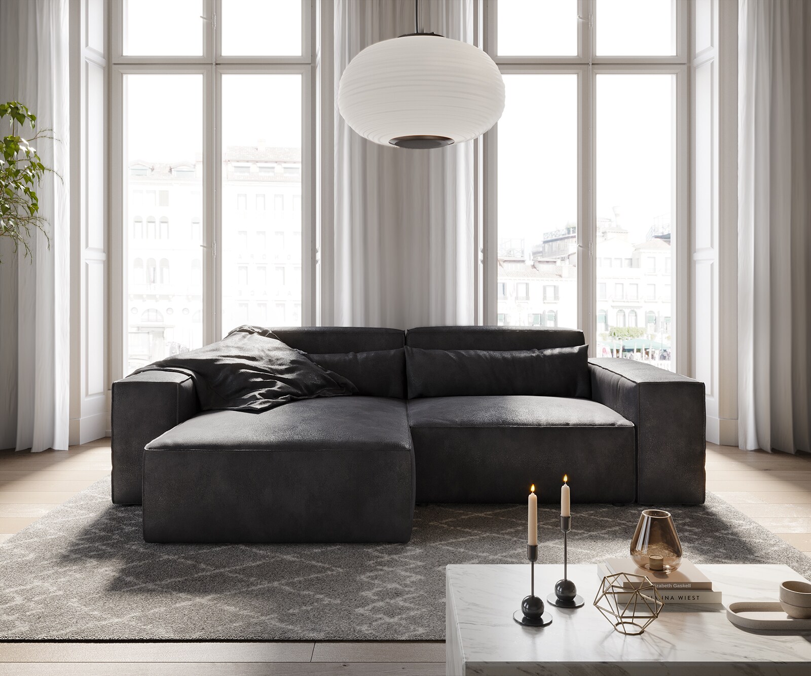 Sofa narożna Sirpio 230x155 cm skóra ekologiczna antracyt vintage szezlong z możliwością zmiennego montażu 1