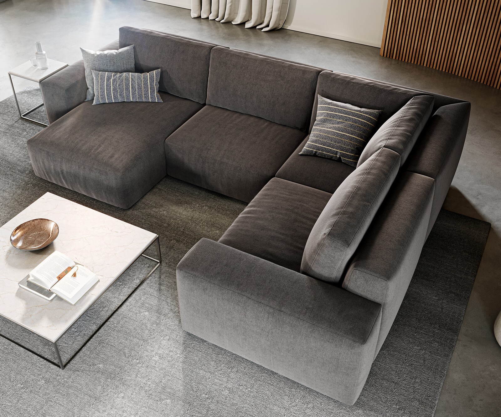 Sofa w kształcie litery U Lanzo 300x210 cm mikrofibra khaki szezlong z możliwością obustronnego montażu z pufem 4