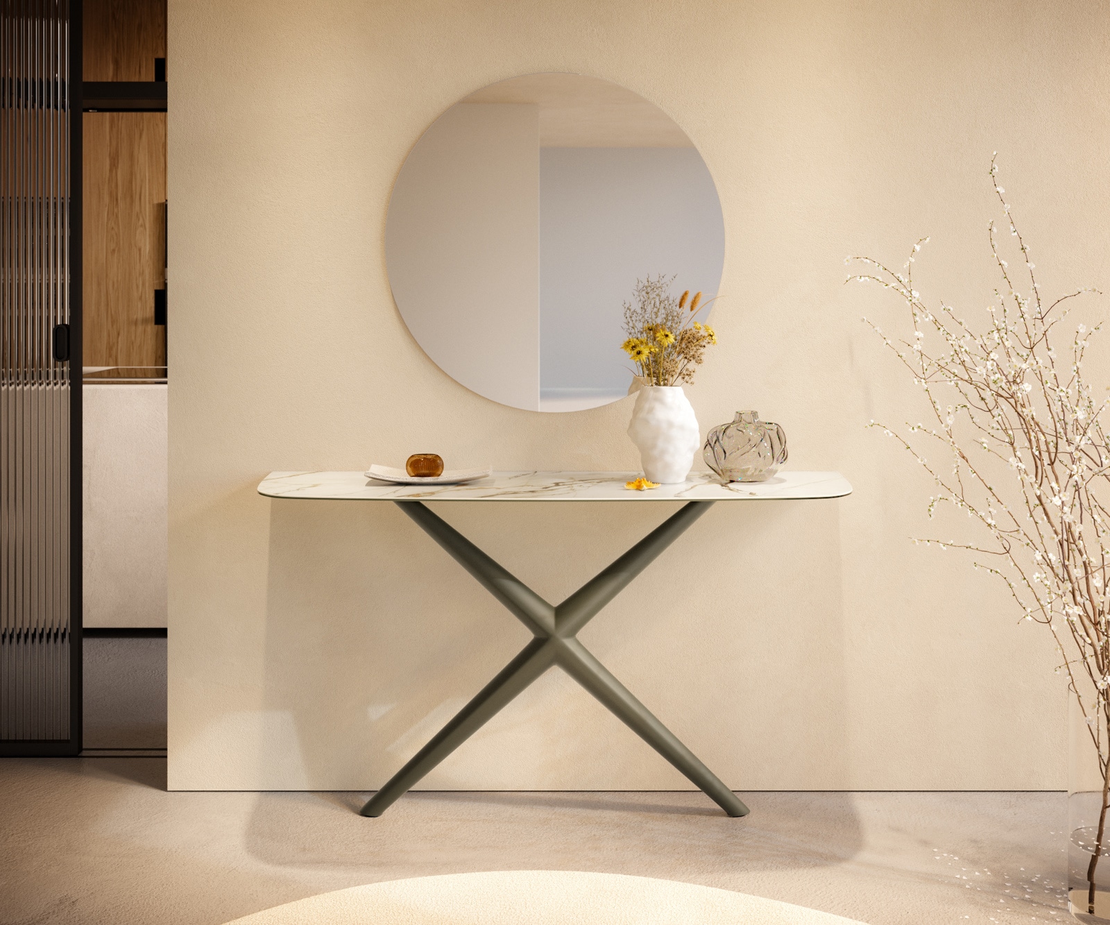 Konsola Edge w kształcie beczki 140x40 cm ceramika Calacatta Luxe biało-złoto-szara rama Estelo metal w kolorze tytanu 1