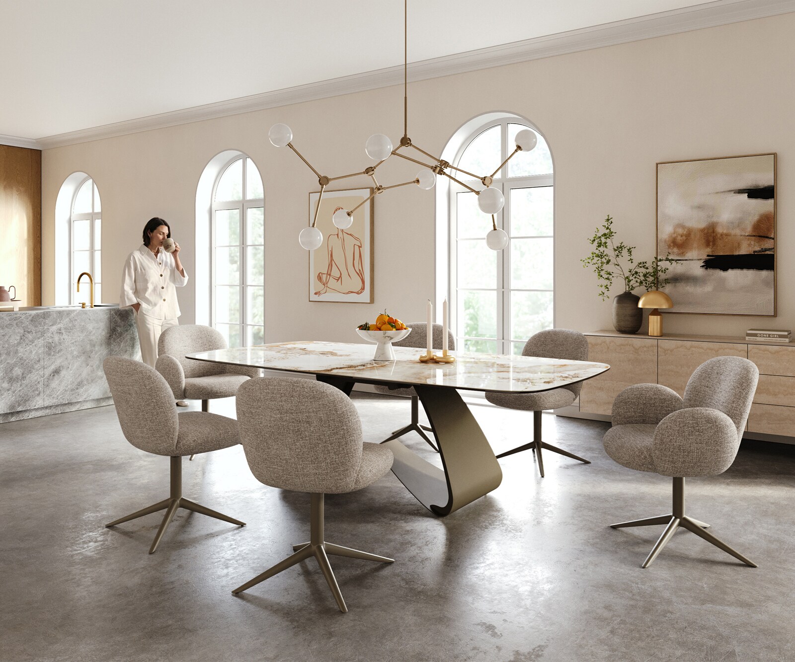 Stół do jadalni Edge w kształcie beczki 240x120 cm ceramika Minas Melange biało-beżowa rama typu W metal w kolorze tytanu 6