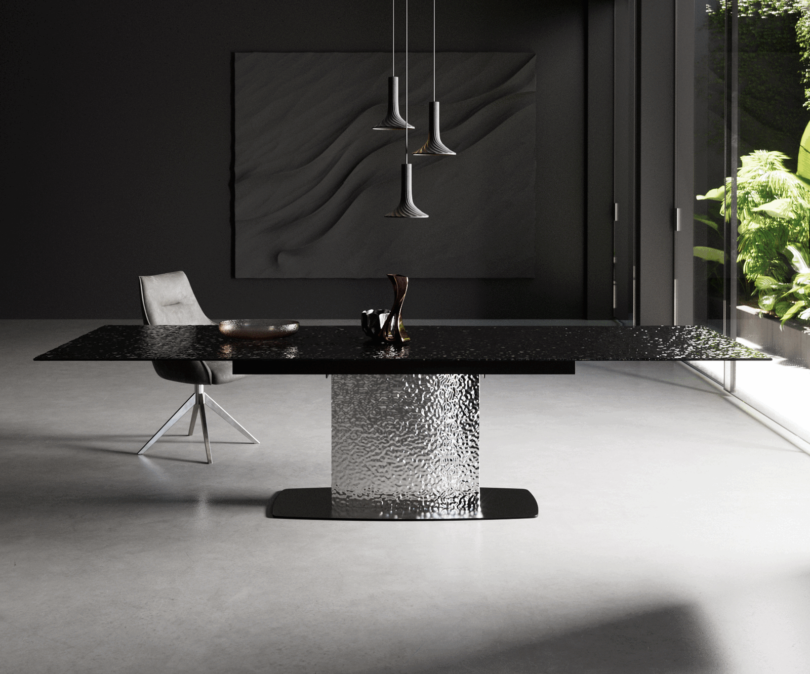 Stół do jadalni Edge 200-300x100 cm szkło reliefowe czarne efekt 3D rama Wave stal nierdzewna rozkładany 1