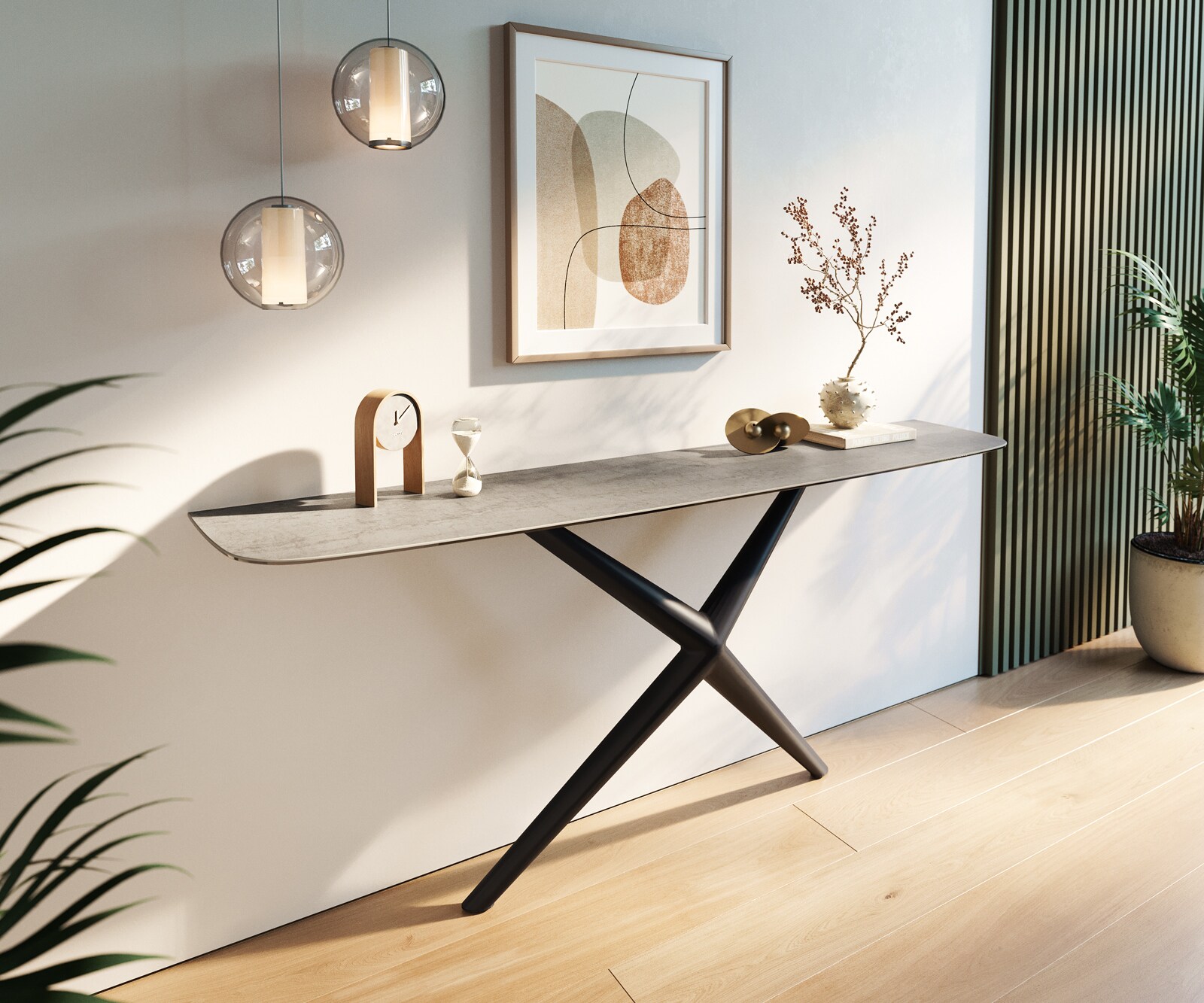 Konsola Edge w kształcie beczki 180x40 cm ceramika w kolorze betonowej szarości rama Estelo metal czarny 4