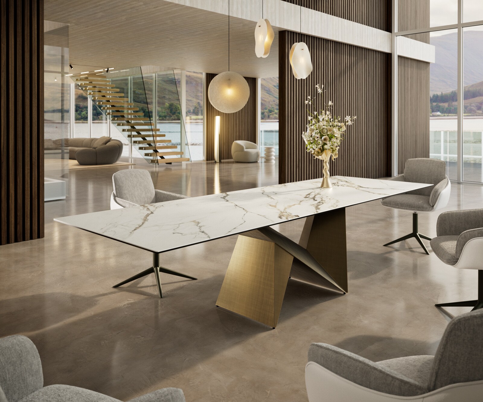 Stół do jadalni Edge 300x100cm ceramika Calacatta Luxe biało-złoto-szary rama Origami metaliczny złoty 1