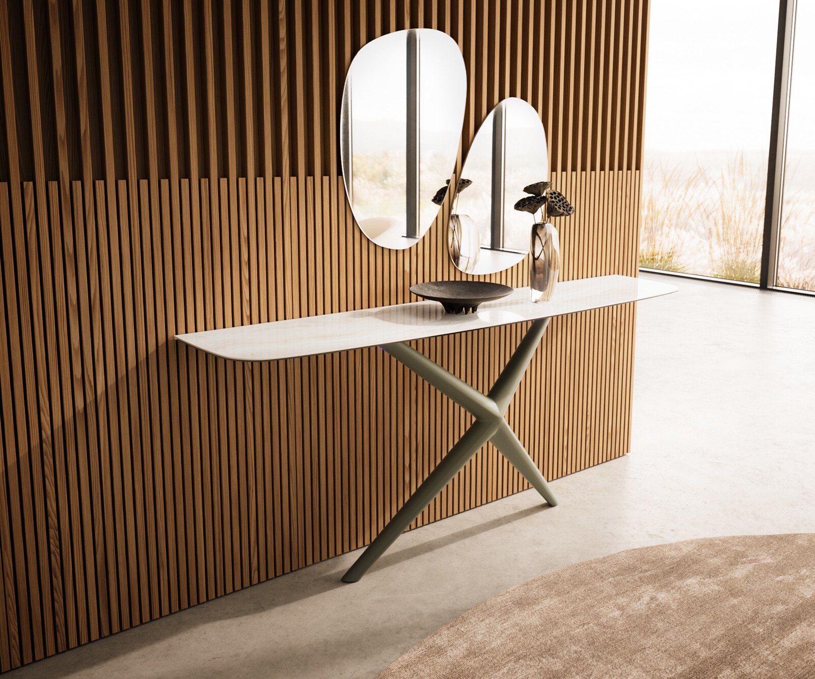 Konsola Edge w kształcie beczki 180x40 cm Onyx Champagne rama Estelo metal w kolorze tytanu 4
