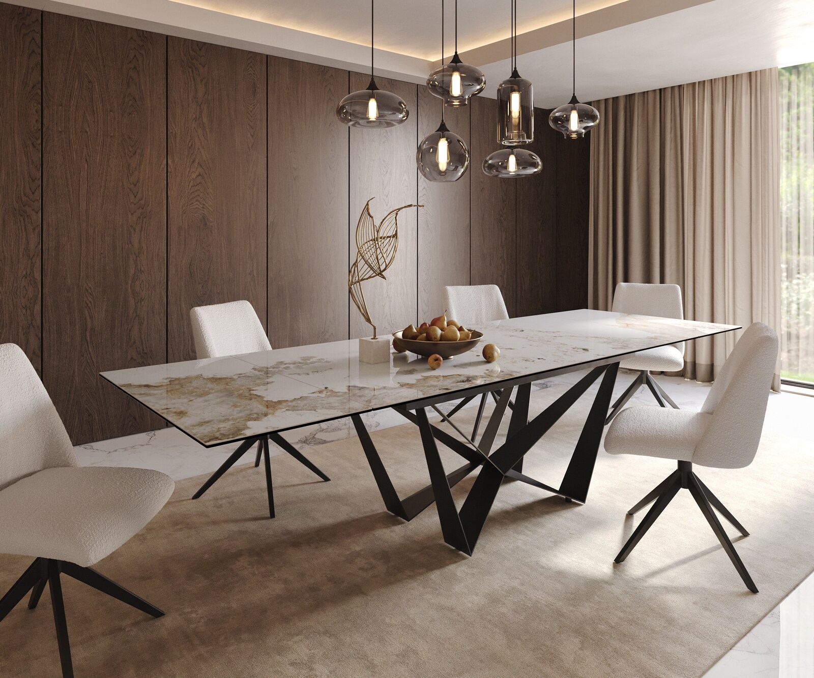 Stół do jadalni Edge 200-300x100 cm ceramika Minas Melange biało-beżowy rama Spider metal czarna rozkładany 1