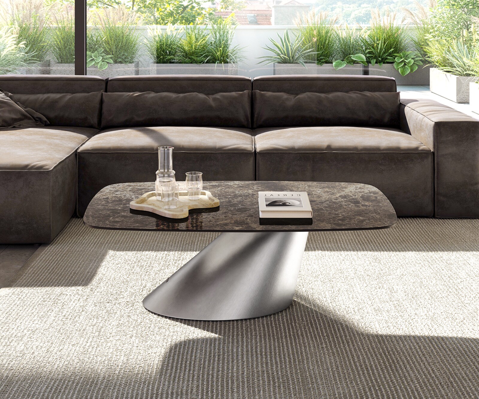 Stolik kawowy Edge w kształcie beczki 120x70 cm ceramika Laminam® Emperador Extra Lucidato ciemnobrązowy Conis stal nierdzewna szczotkowana 1