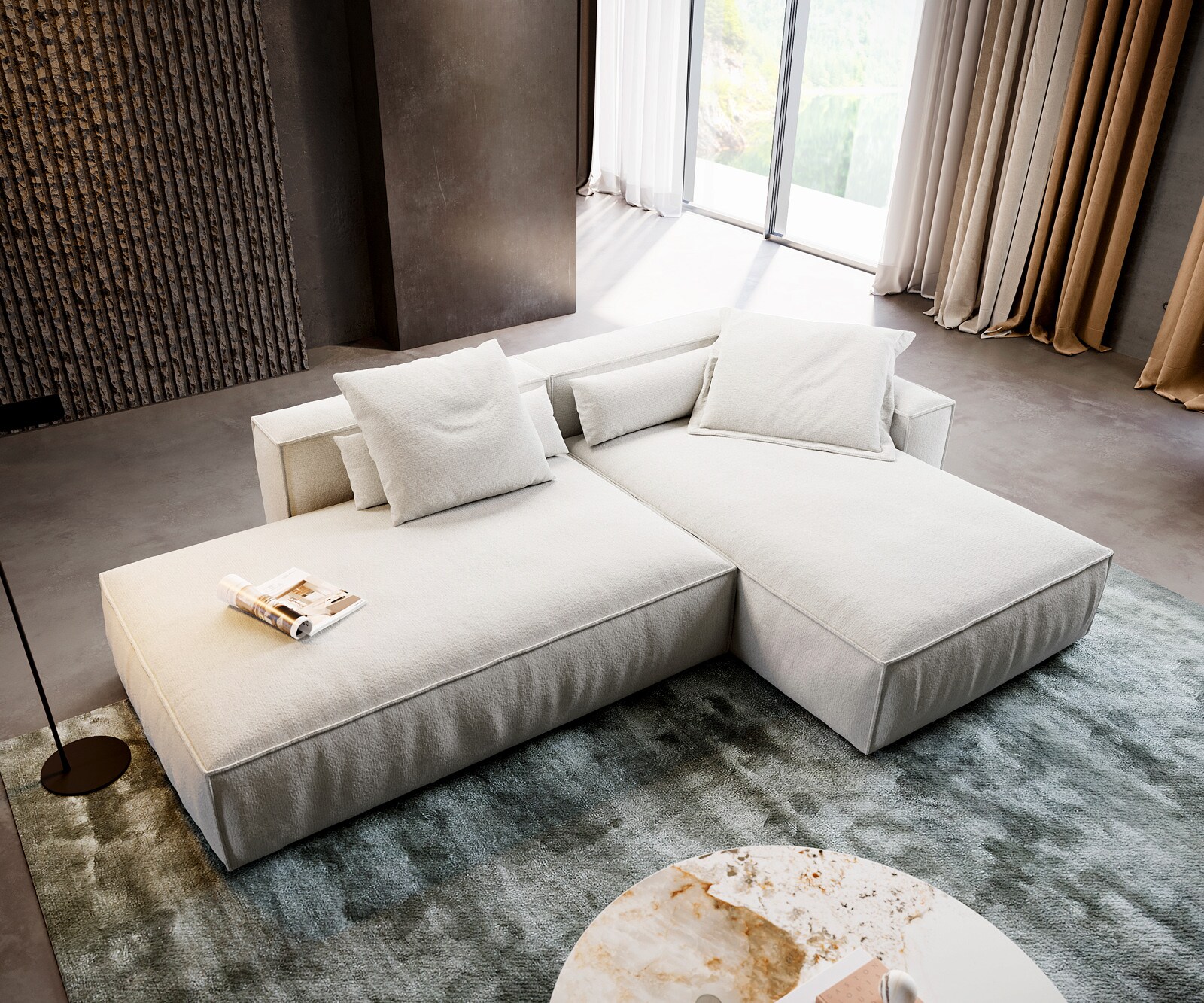 Sofa narożna Freestyle 310x200 cm miękka tkanina bouclé beżowa z lamówką 3